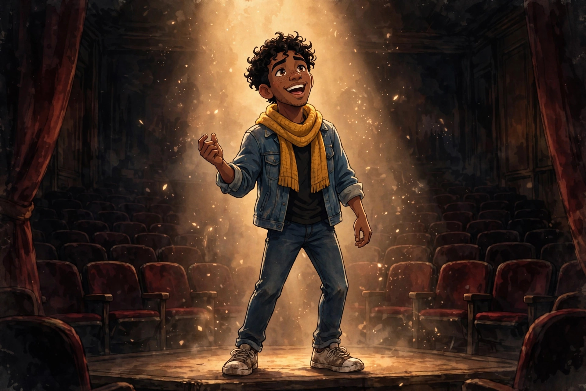 Blaise Hudson singing alone on a theater stage under a spotlight