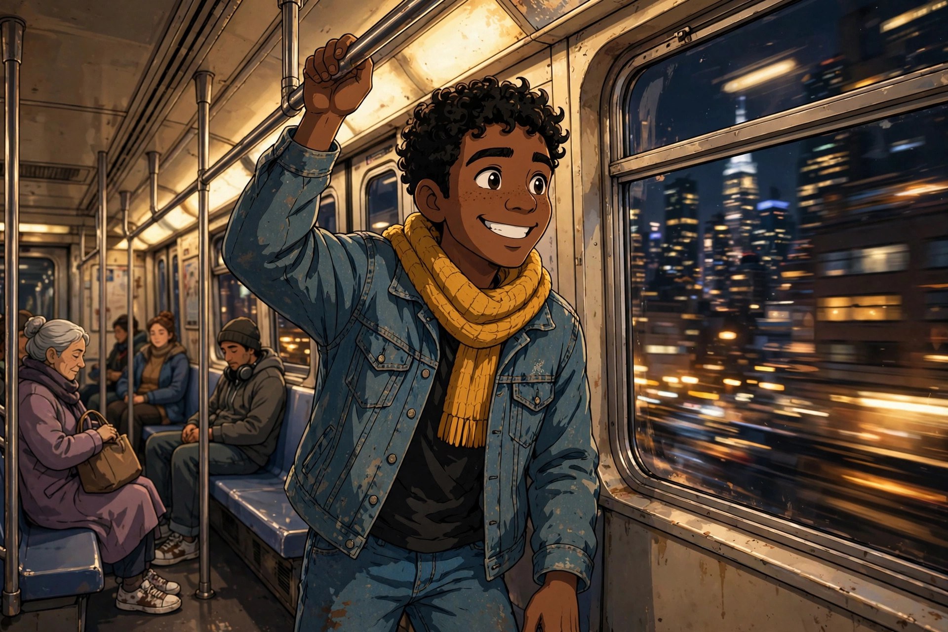 Blaise Hudson riding the subway at night