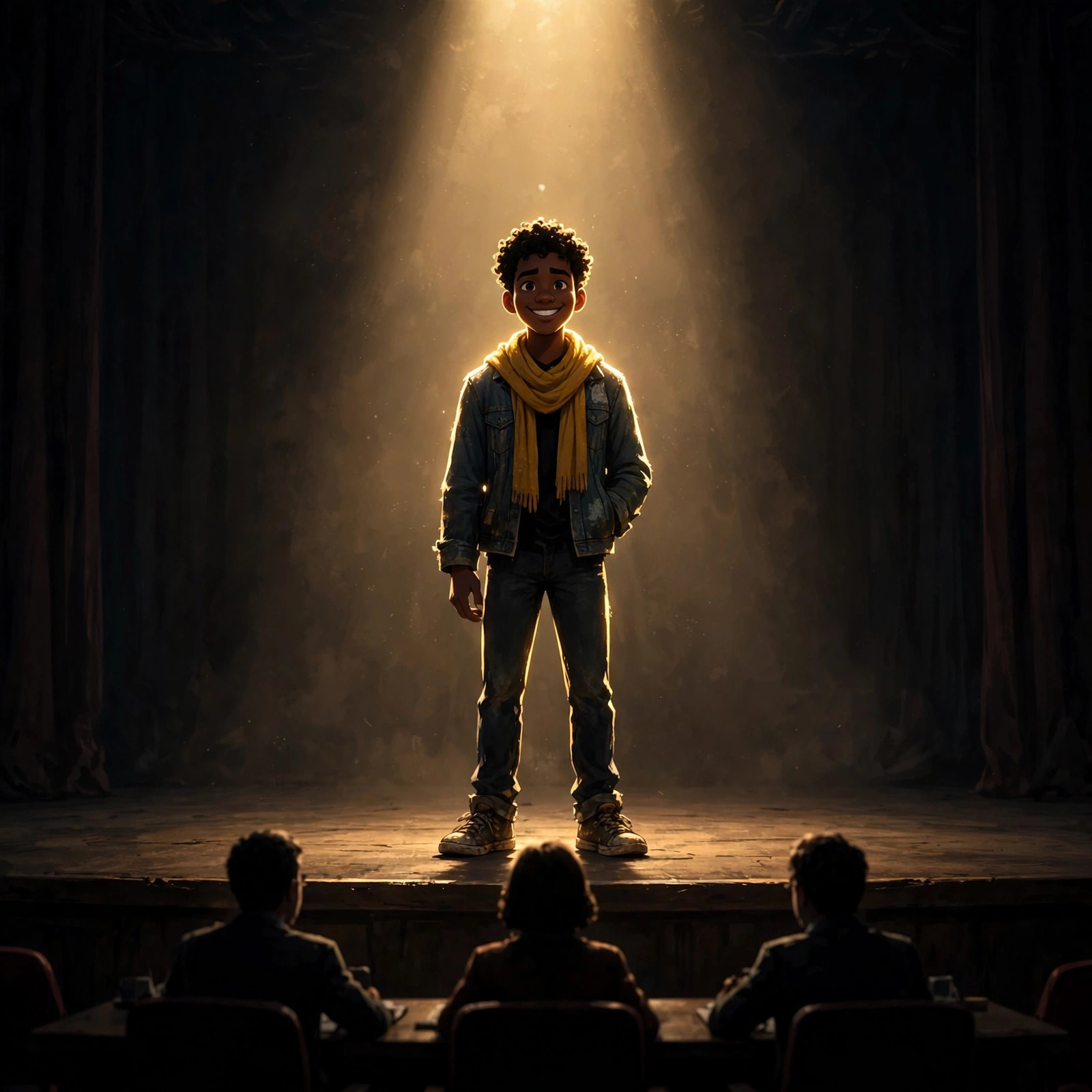 Blaise Hudson auditioning on a bare stage under a single spotlight