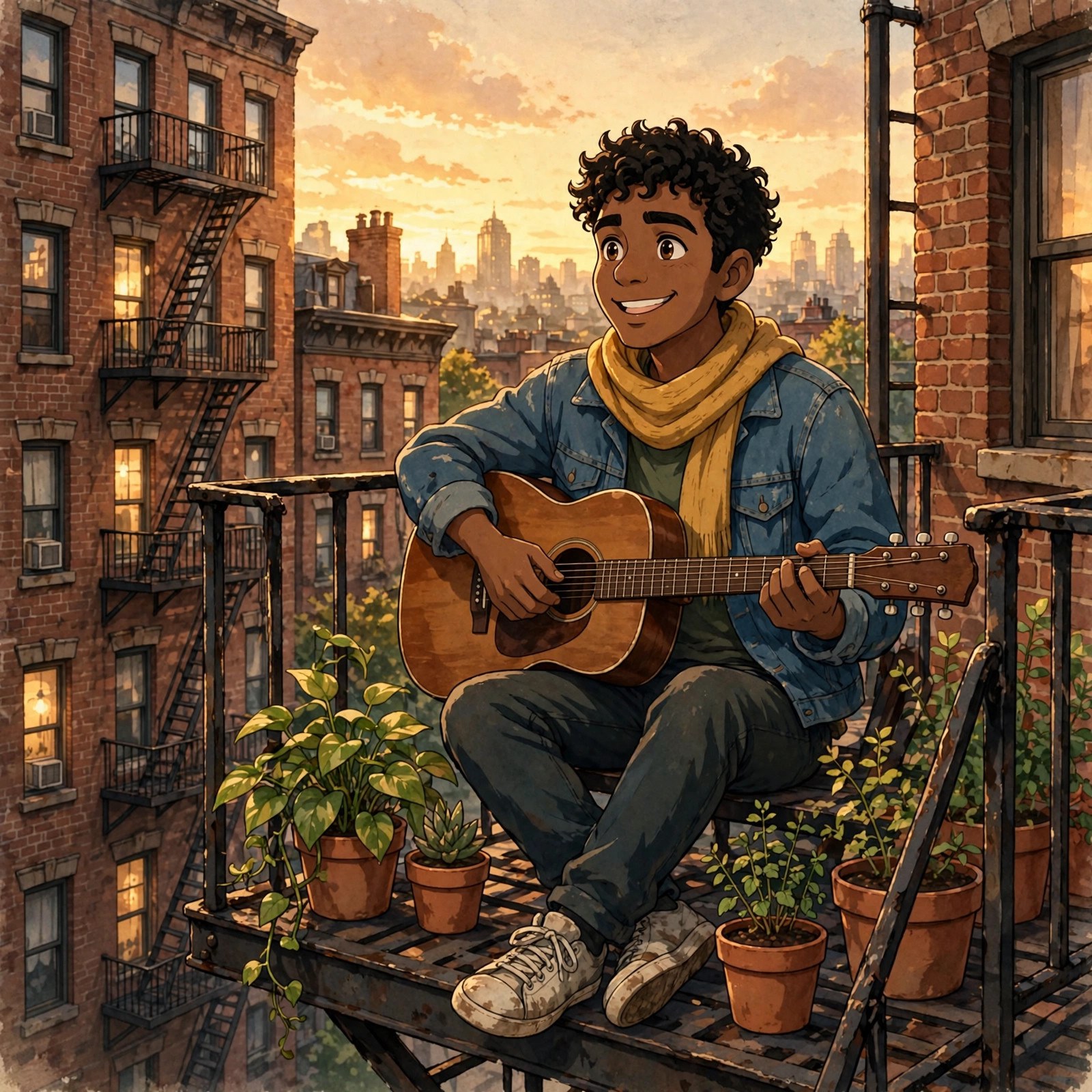 Blaise Hudson character art: Golden hour, guitar out.