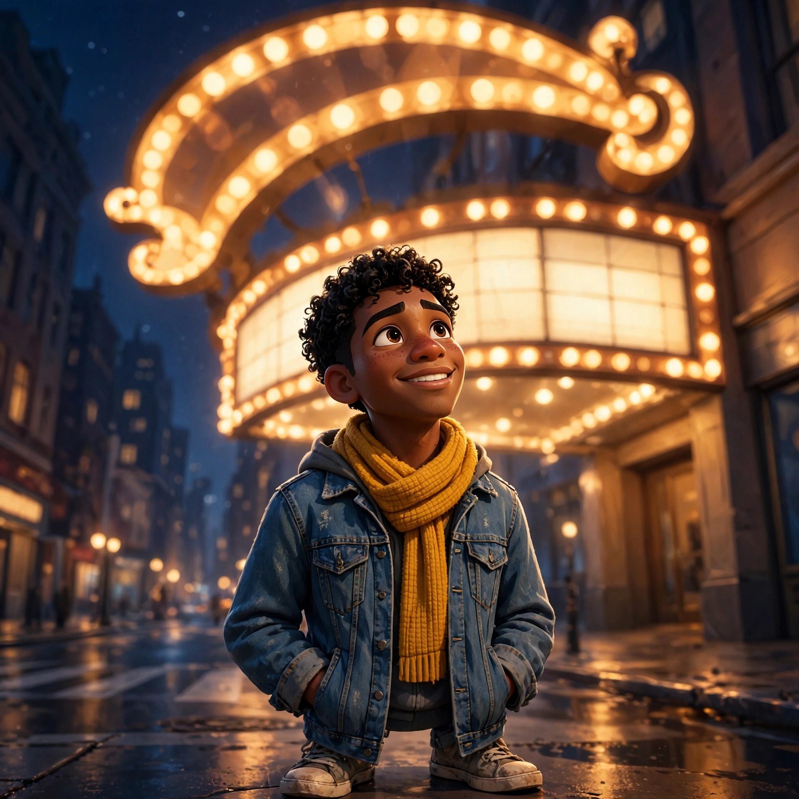 Blaise Hudson gazing up at a glowing Broadway theater marquee