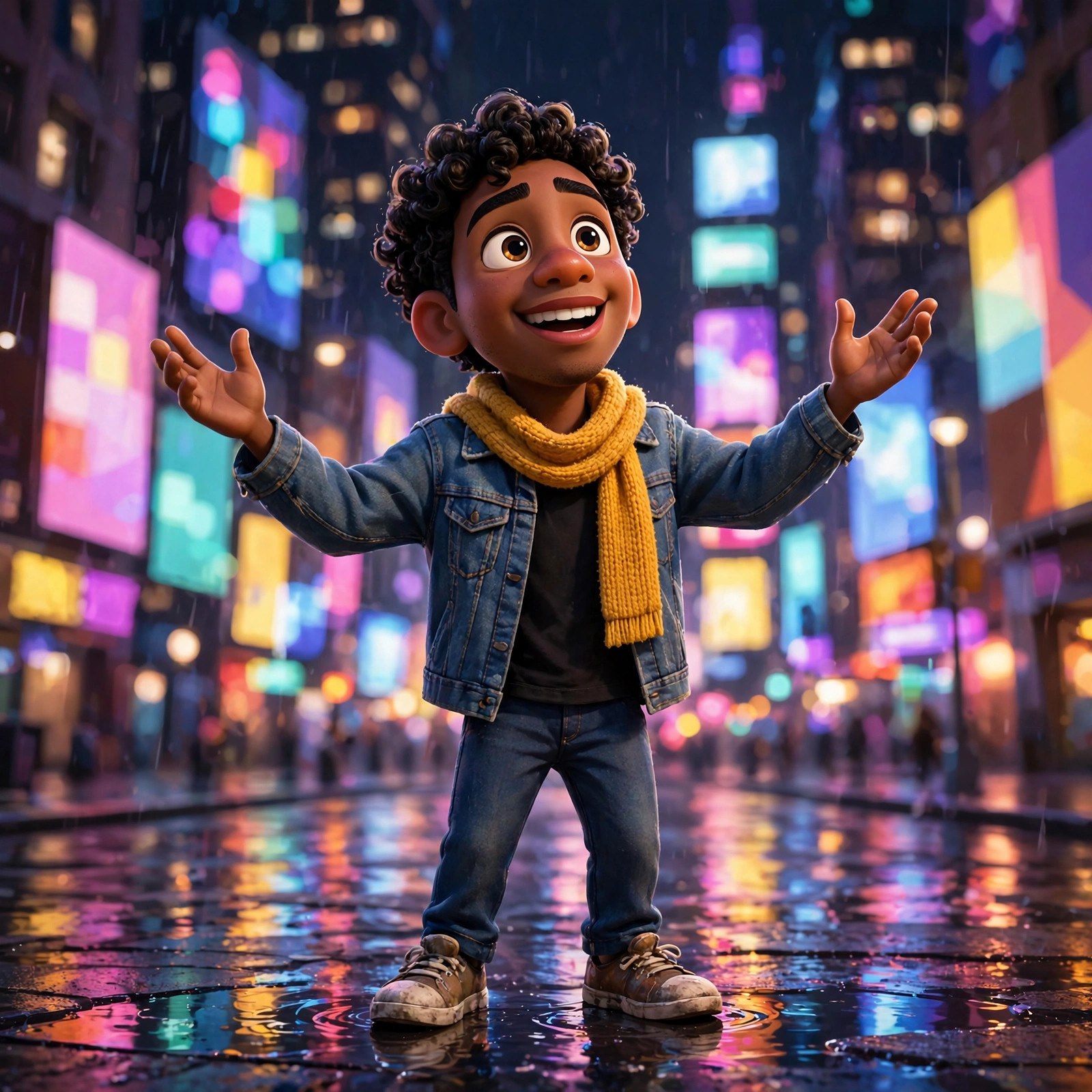 Blaise Hudson in Times Square at night among the lights