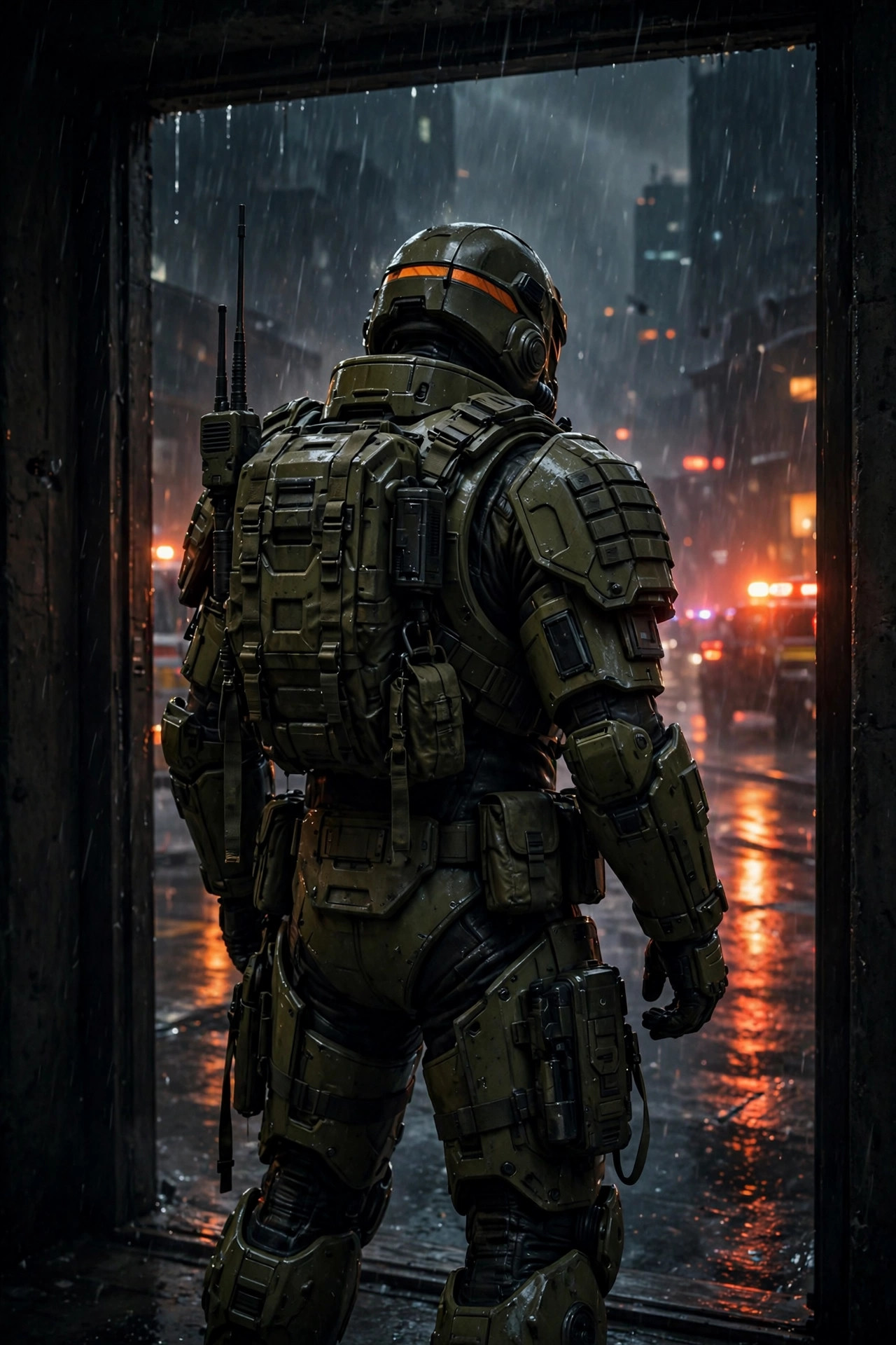 The armored figure in a dark doorway about to step into the storm