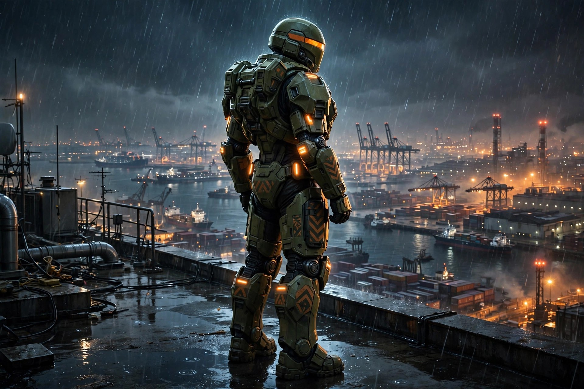 The armored figure on a rain-slick rooftop overlooking the harbor city at night