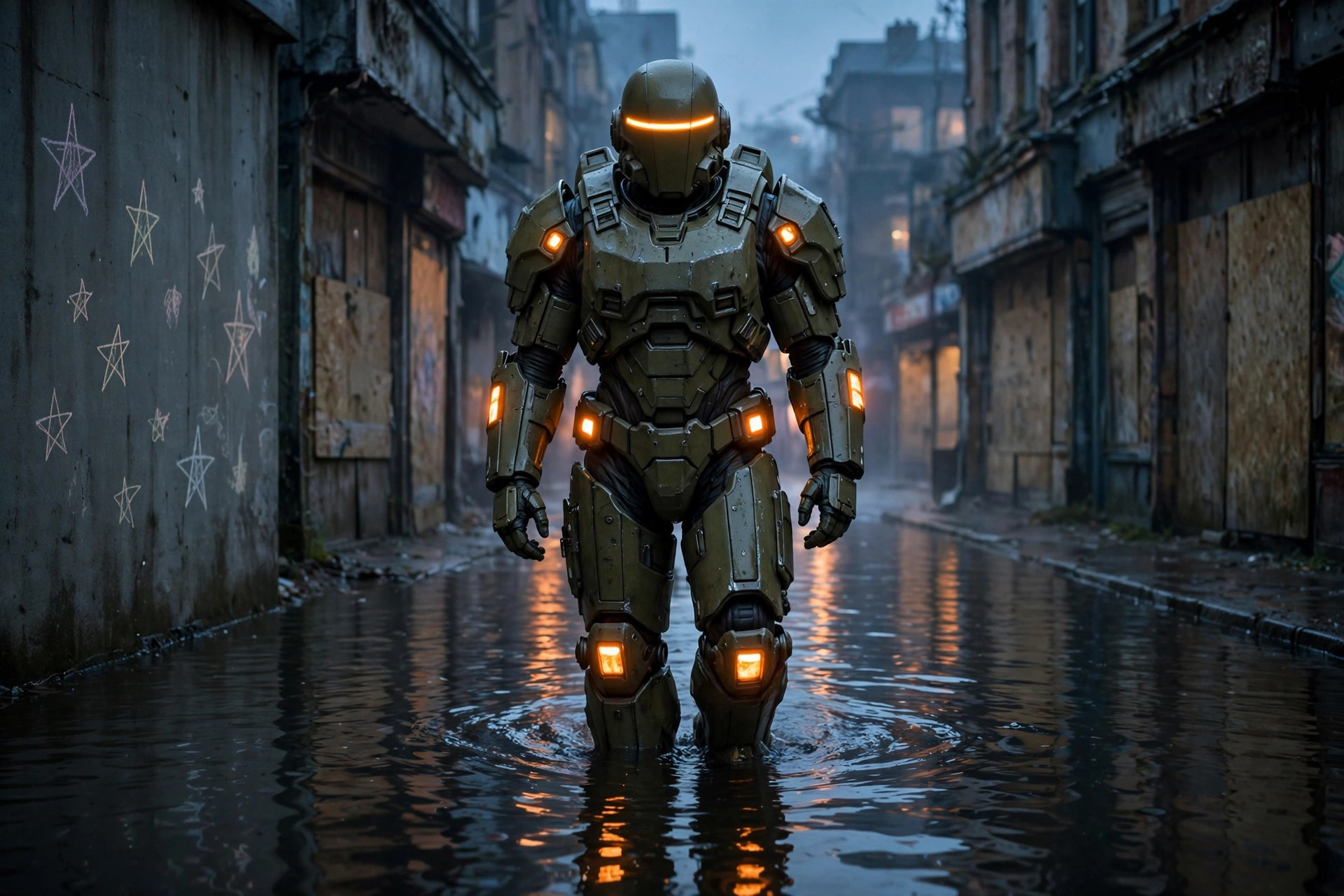 The armored figure walking a flooded street at dusk