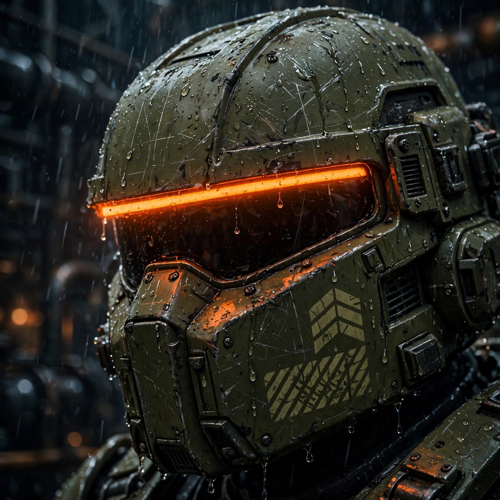 Close portrait of the olive-drab helmet with hazard-orange visor stripe
