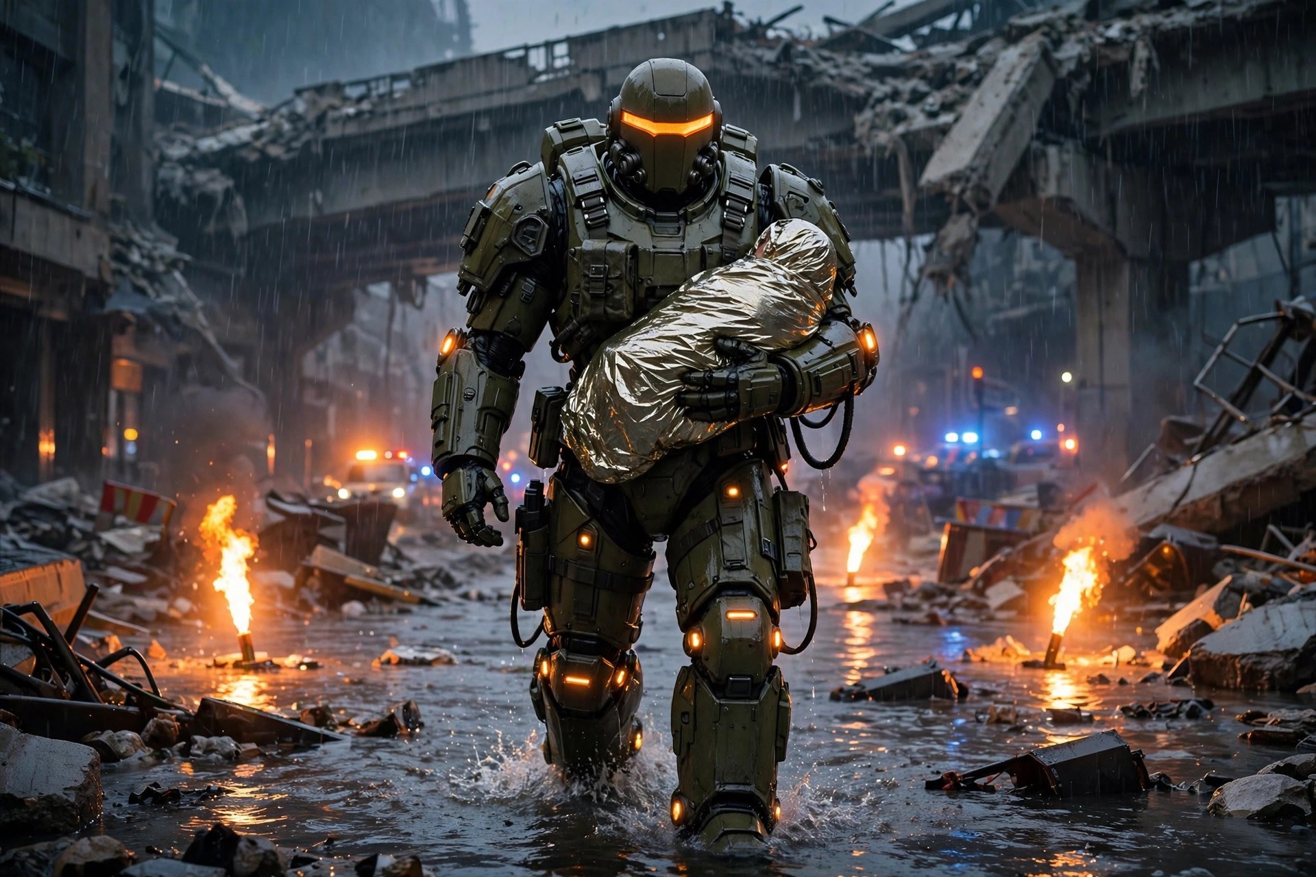 The armored figure carrying a rescued civilian through a flooded street