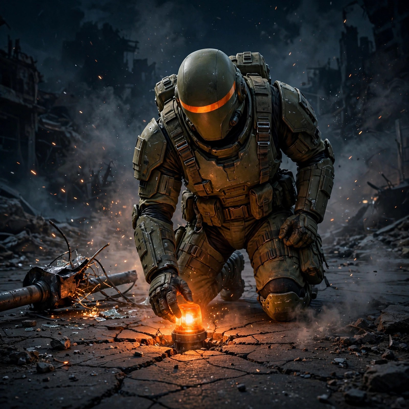 The armored figure planting a glowing emergency beacon at night