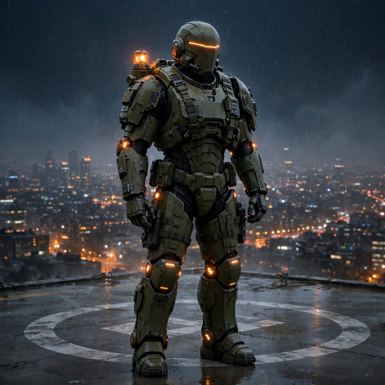 The armored figure standing at ease on a rooftop helipad at night