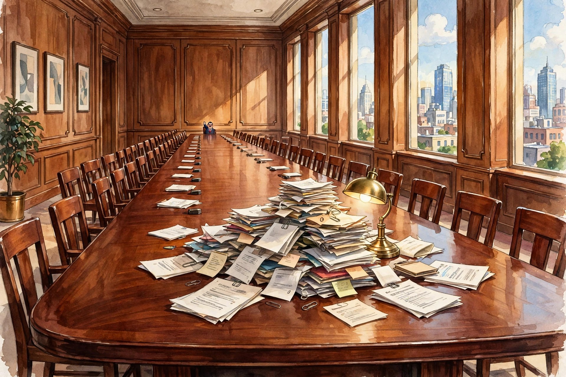 AI-generated cartoon: the tiny Bussinessman at the far end of a comically oversized boardroom table