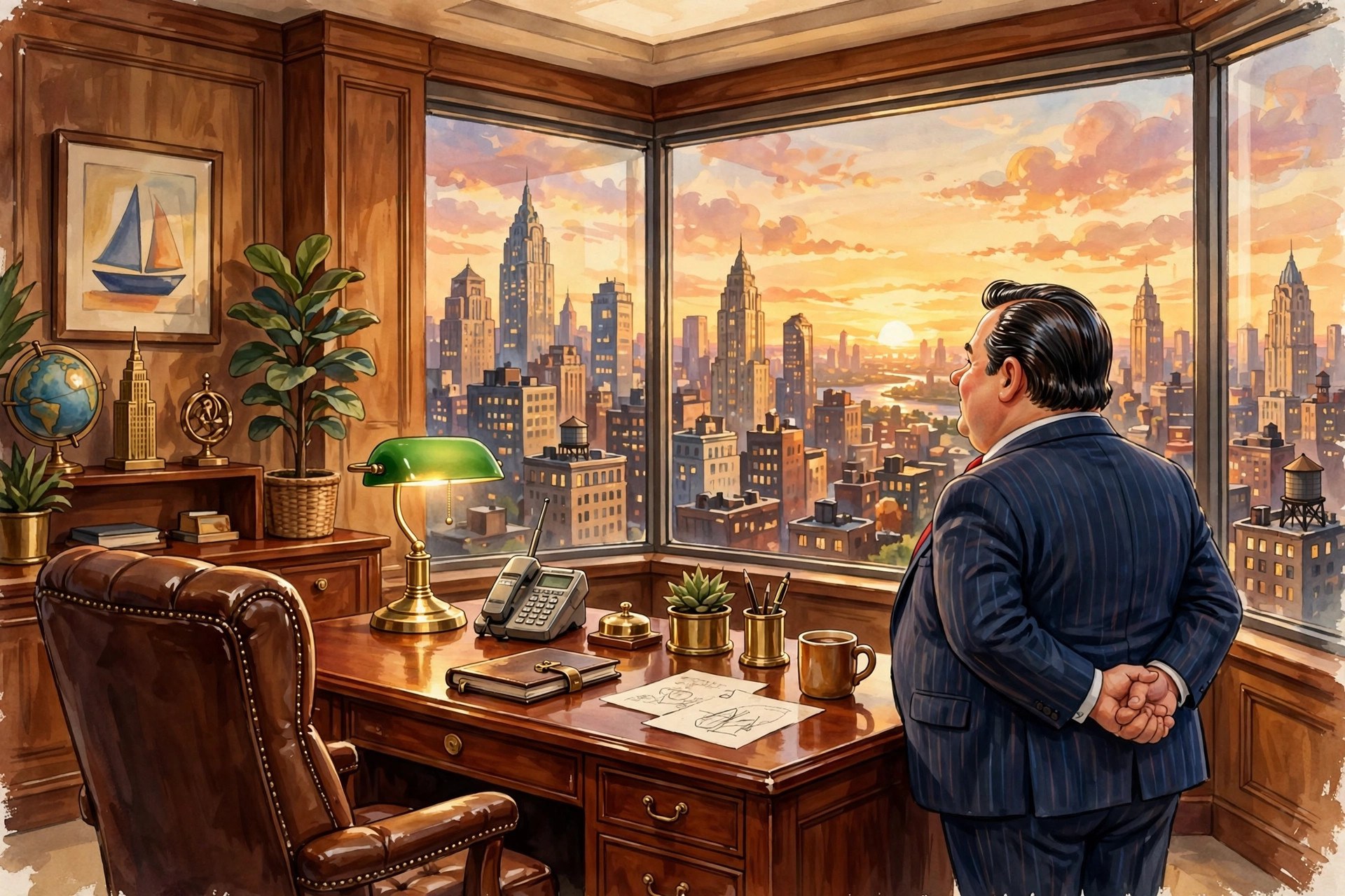 AI-generated cartoon: the Bussinessman gazing out of his wraparound corner office at sunset