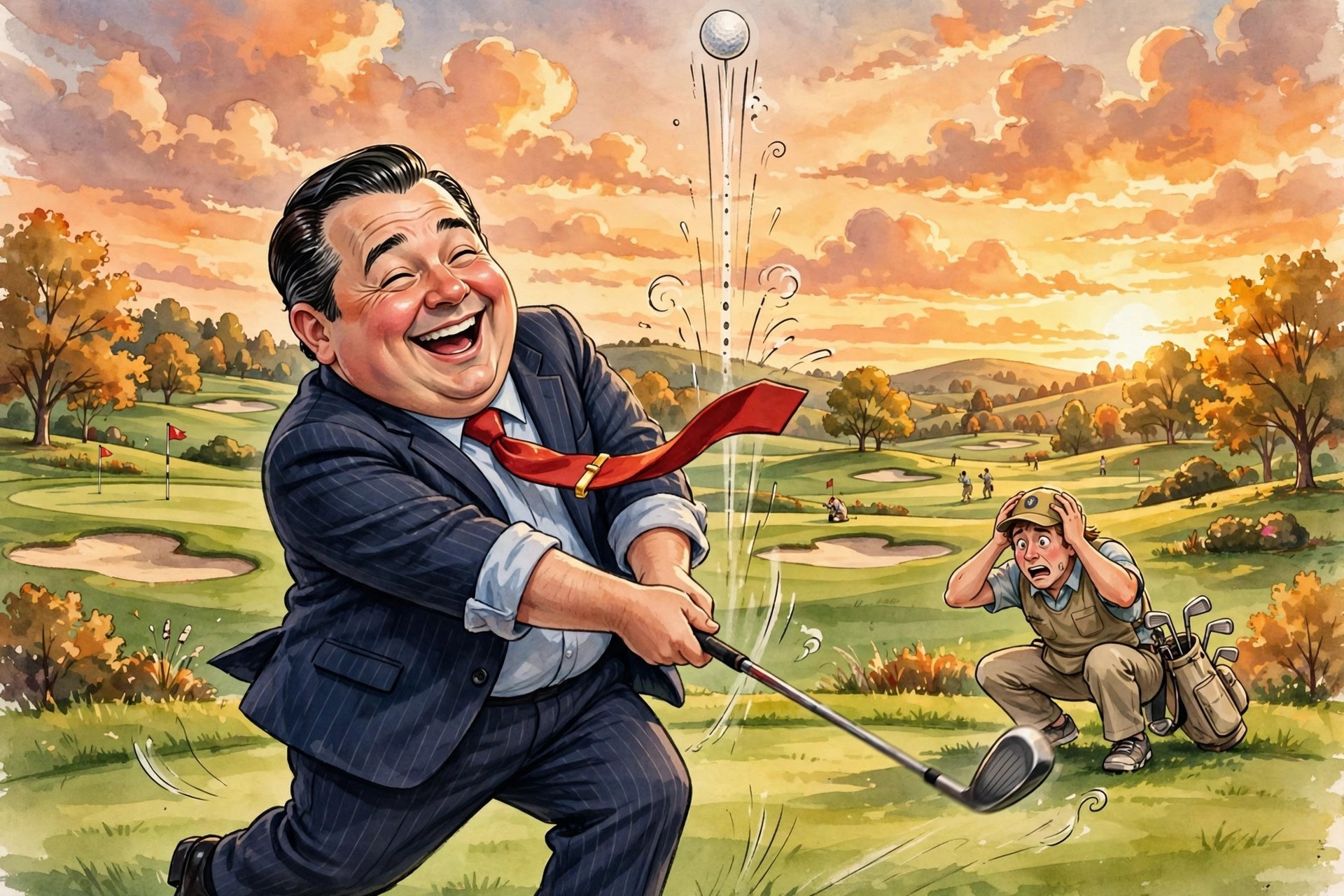 AI-generated cartoon: the Bussinessman mid-swing on a golf course at sunset, his ball flying straight up