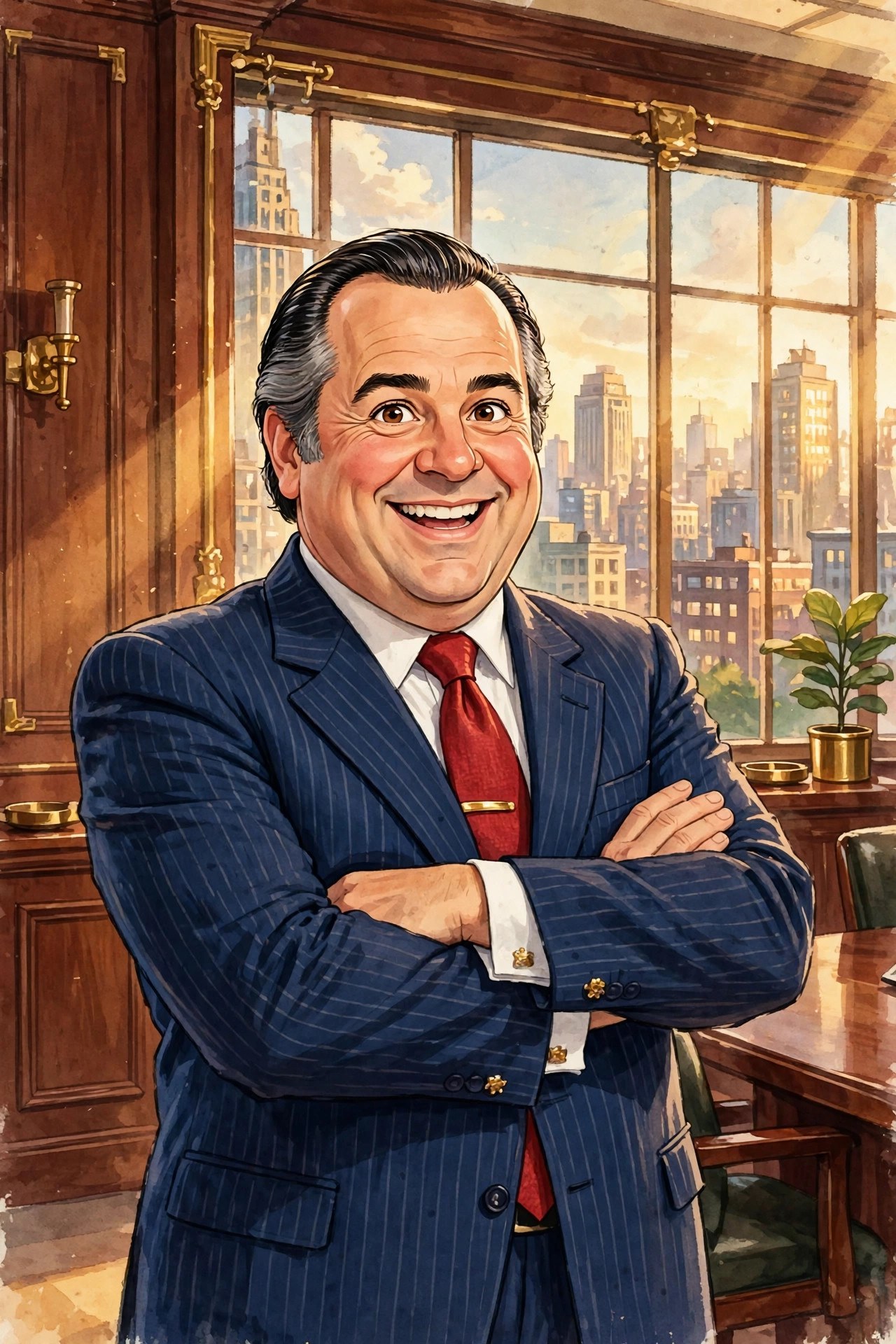 AI-generated cartoon portrait of the Bussinessman: a cheerful portly man in a navy pinstripe power suit and red tie, arms crossed in a mahogany boardroom