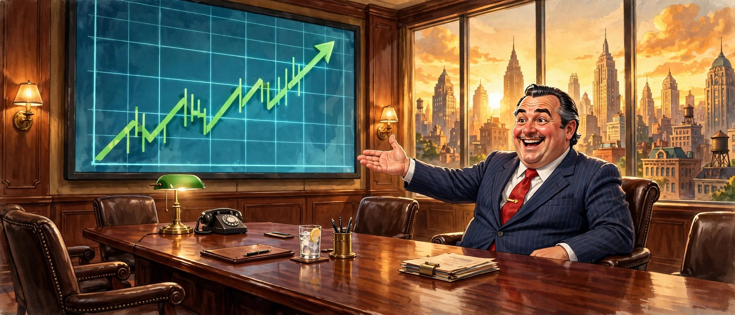 AI-generated wide banner: the Bussinessman at the head of a giant mahogany boardroom table
