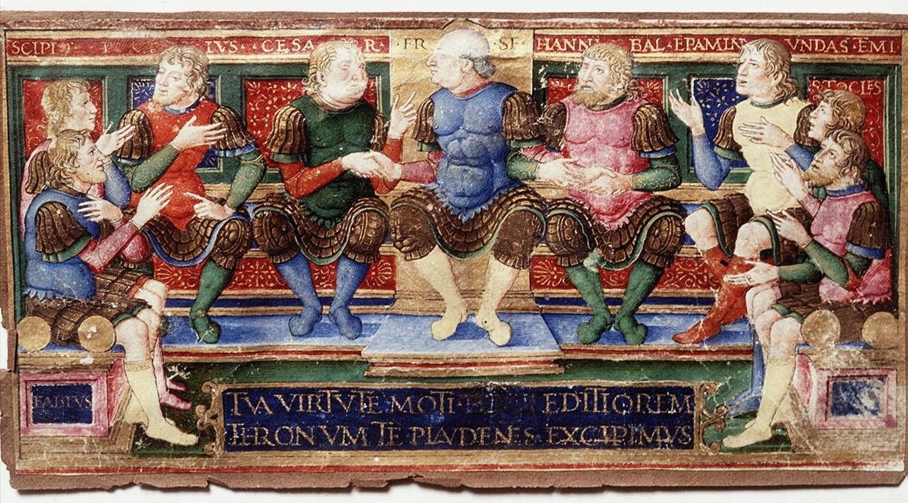 Renaissance miniature attributed to Giovanni Pietro Birago, c. 1490: Francesco Sforza with Julius Caesar and Hannibal among the great warriors of antiquity
