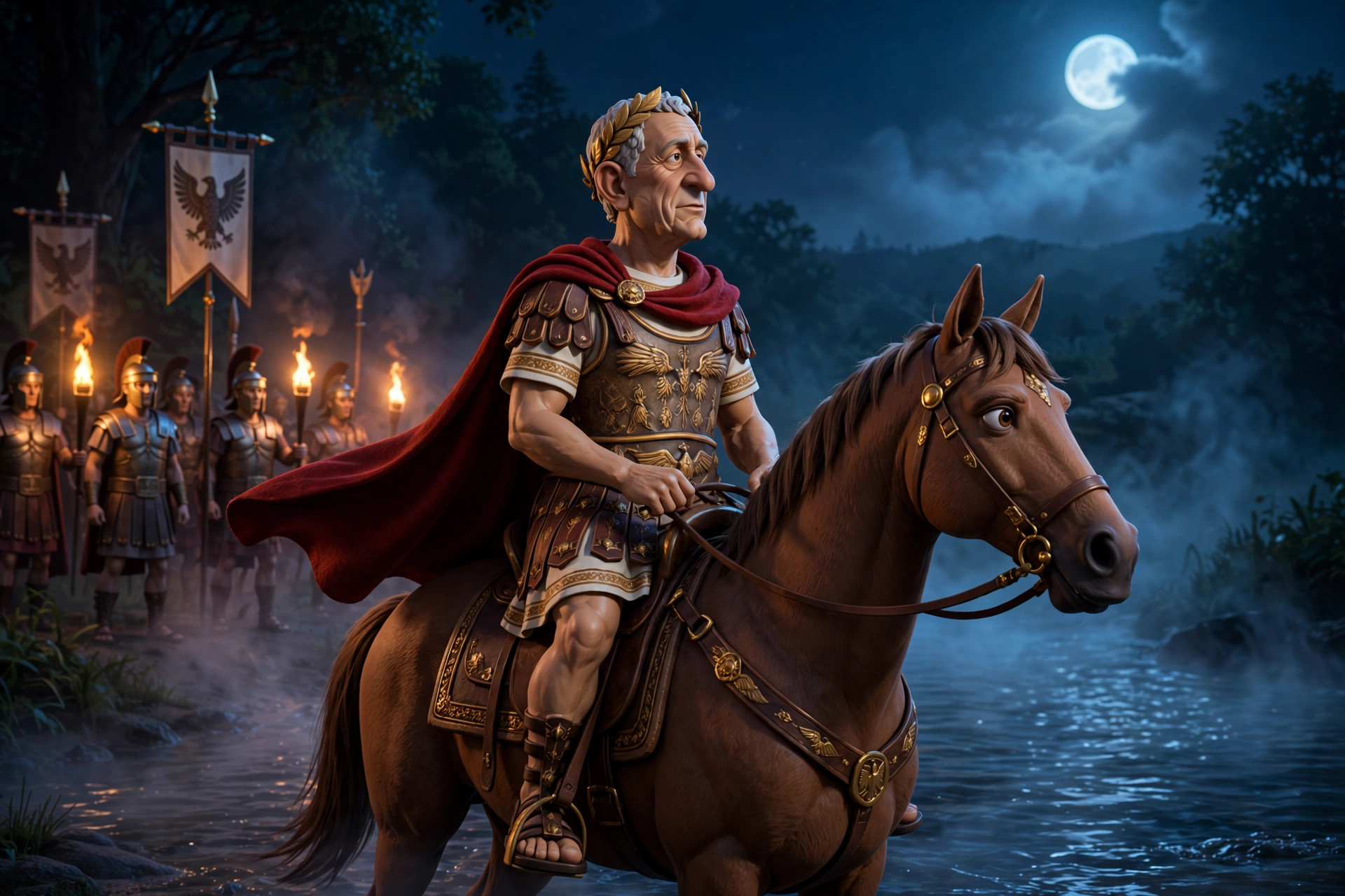 AI-generated illustration of the animated Caesar character on horseback at the Rubicon at night