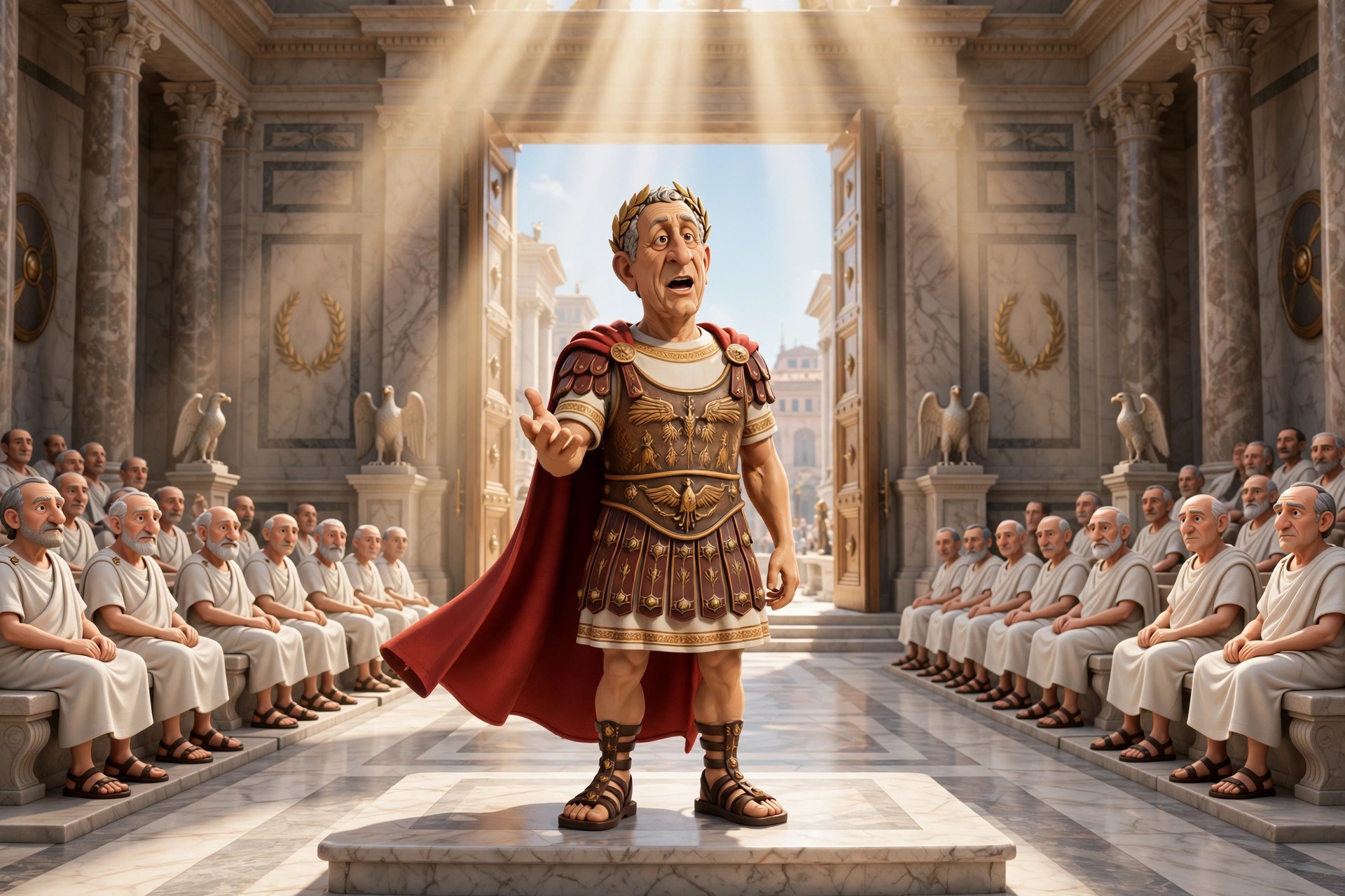 AI-generated illustration of the animated Caesar character addressing the Roman Senate