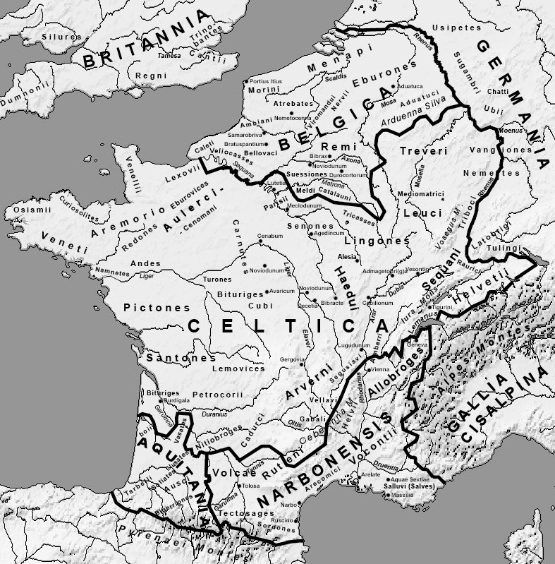 Map of Gaul showing the divisions described in Caesar's Commentarii