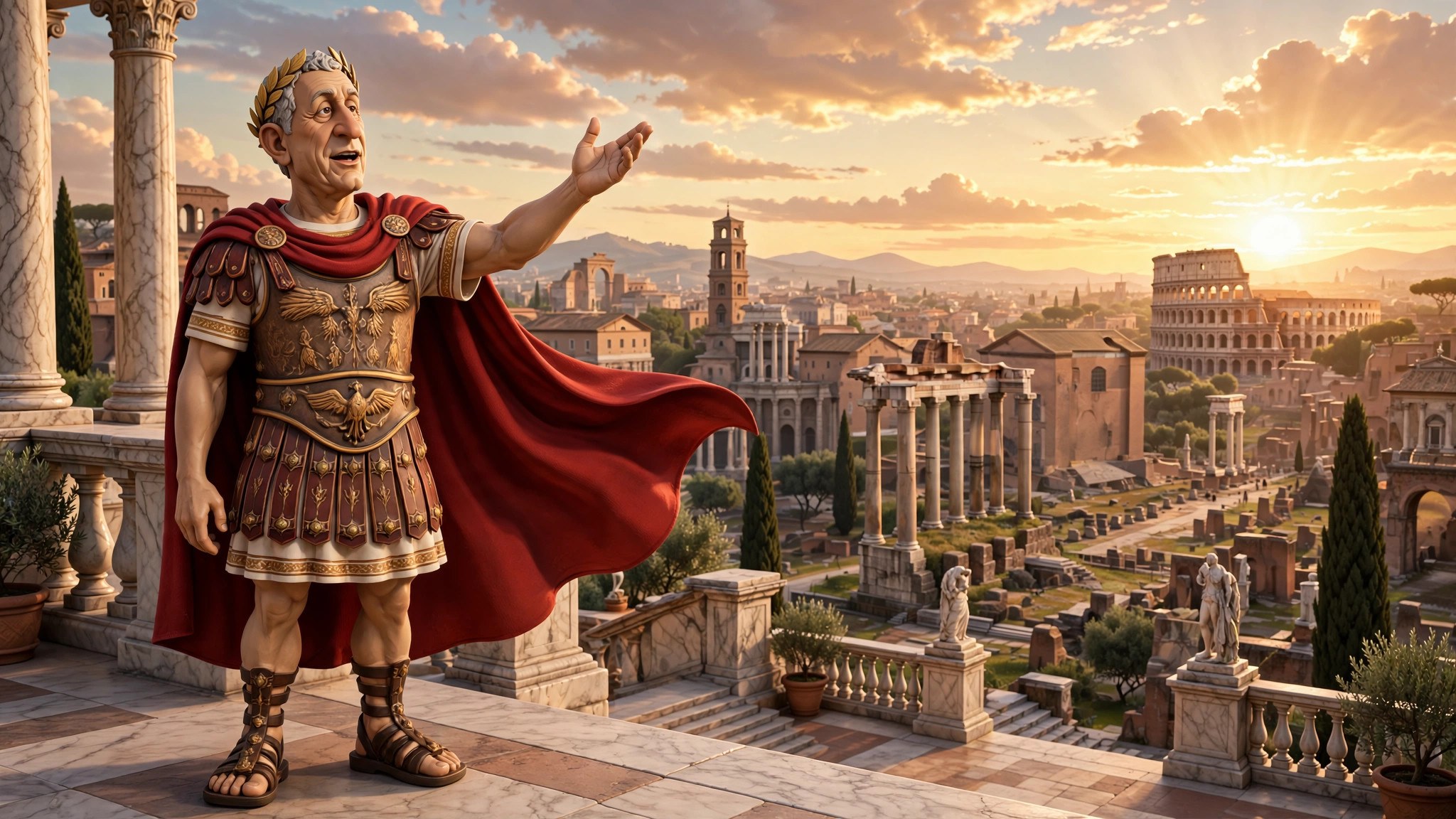 AI-generated illustration of the animated Caesar character overlooking the Roman Forum at sunset