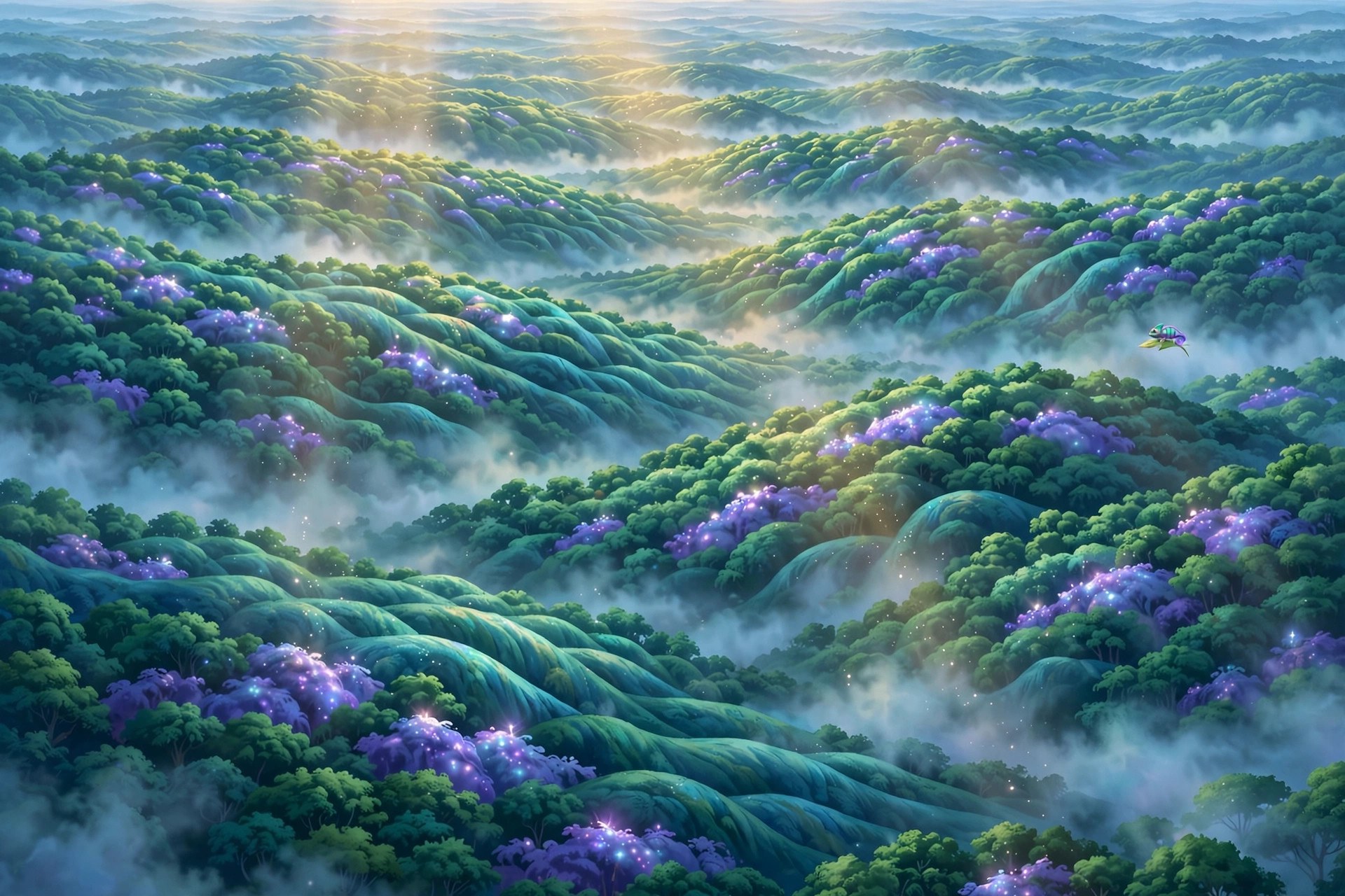 AI-generated cartoon aerial view above the emerald rainforest canopy with morning mist