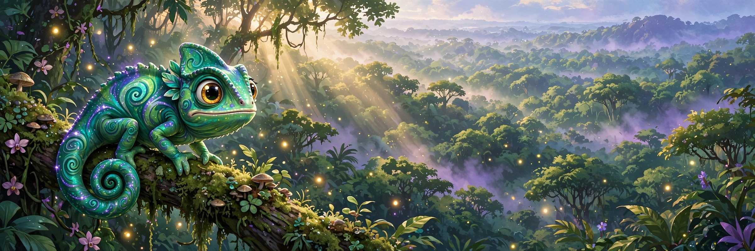 AI-generated wide banner: Camaleo on a mossy branch overlooking a misty rainforest canopy at dawn