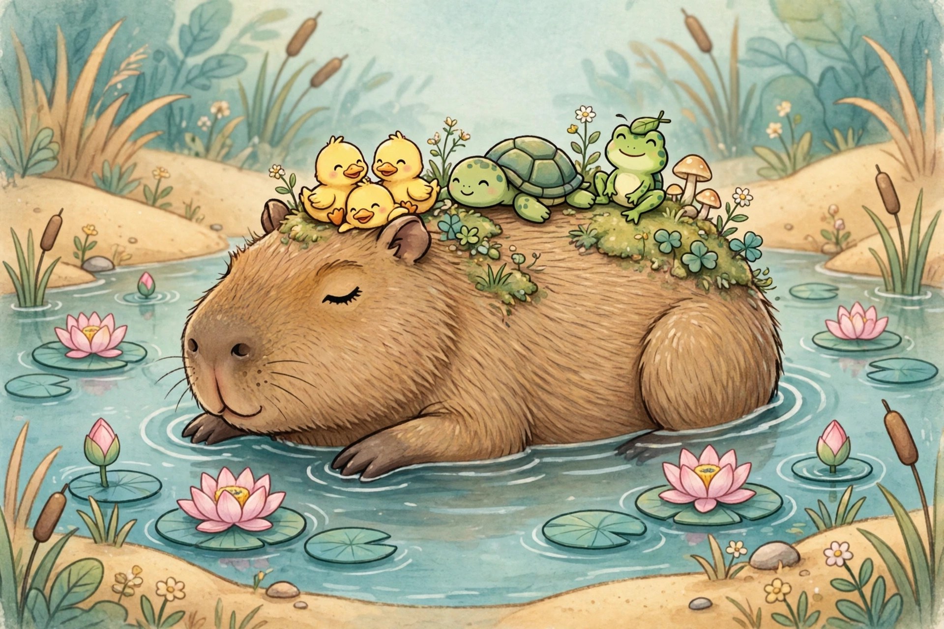 Pond companions aboard capybara's back — AI-generated dramatization art