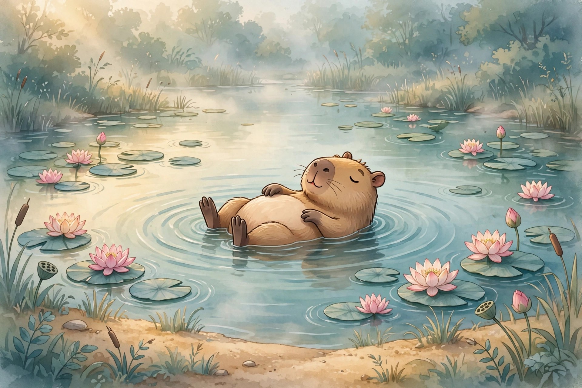 A relaxed cartoon capybara floating on its back in a golden pond among lotus flowers — AI-generated dramatization art