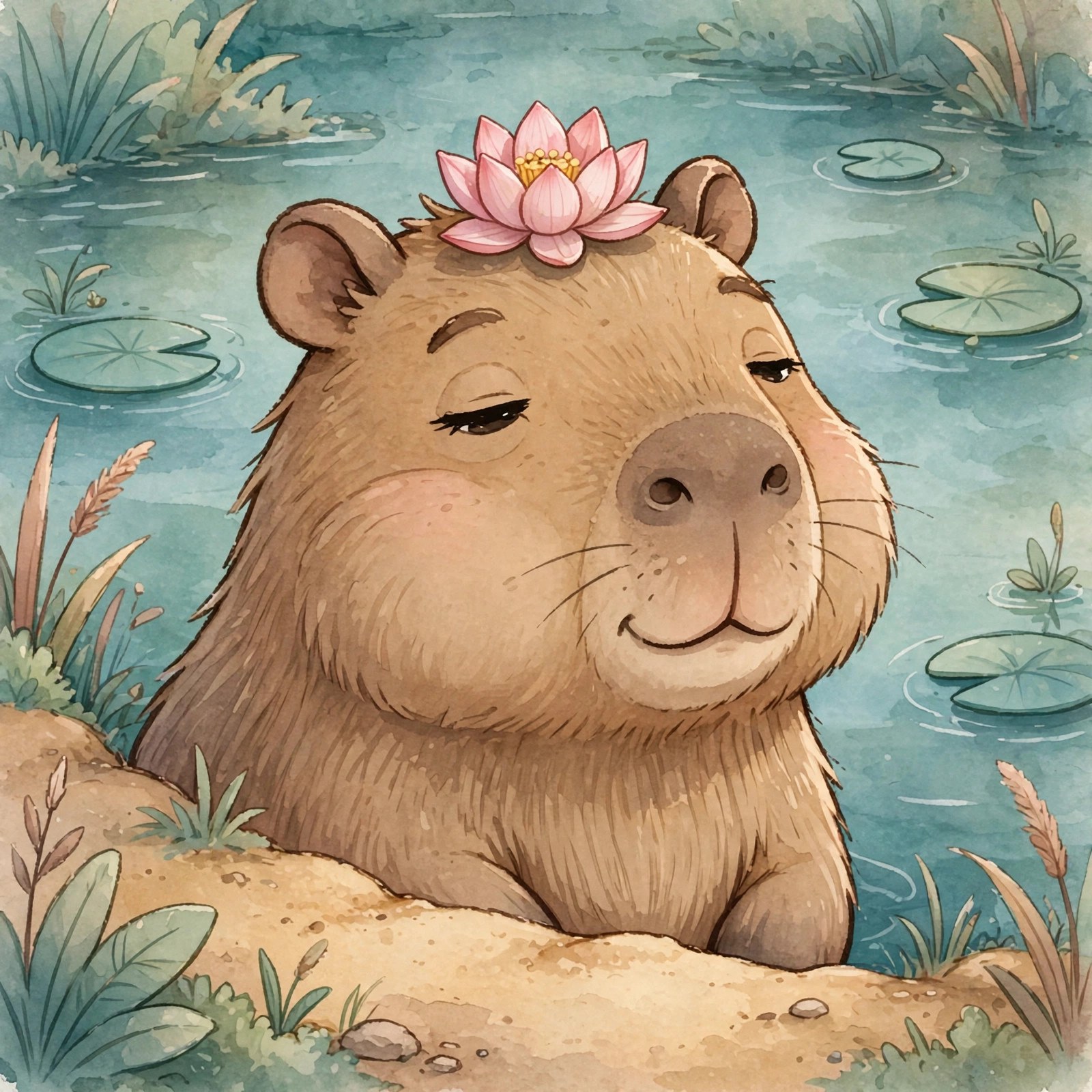 Portrait of capybara with a lotus on its head — AI-generated dramatization art