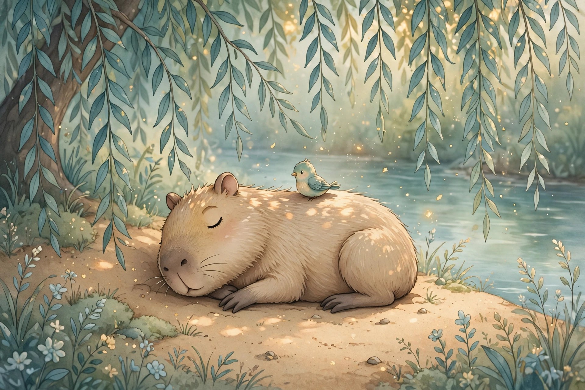 A capybara napping deeply under a weeping willow with a bird on its back — AI-generated dramatization art