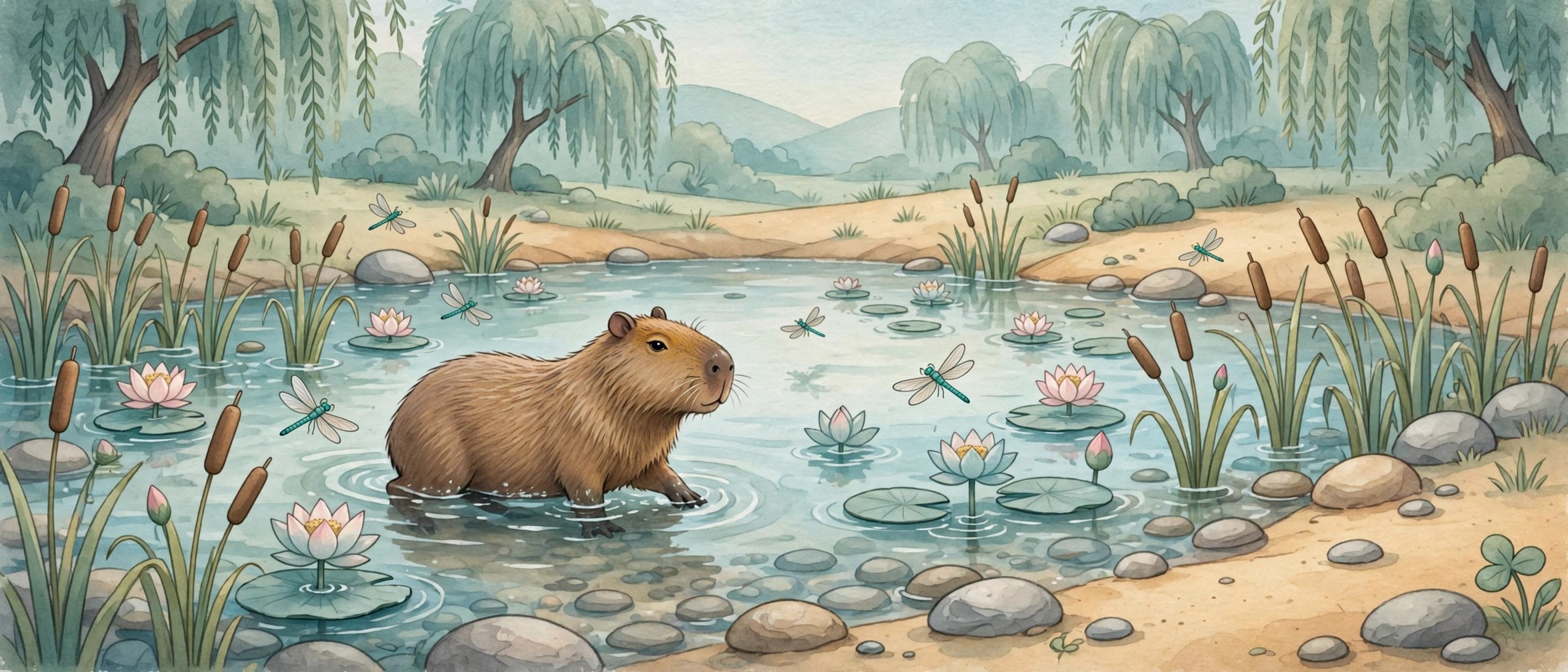 Panoramic storybook view of the capybara pond habitat in Zoomedia — AI-generated dramatization art