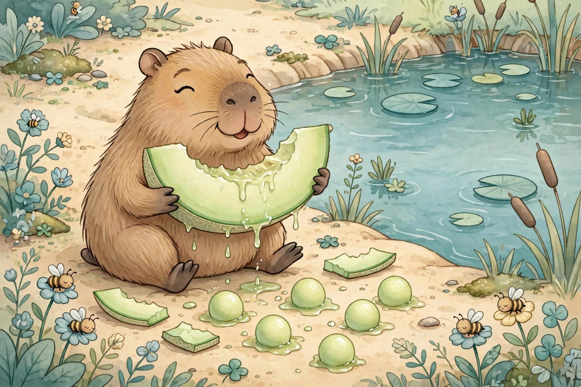 A happy capybara slowly munching a giant melon slice at the pond edge — AI-generated dramatization art