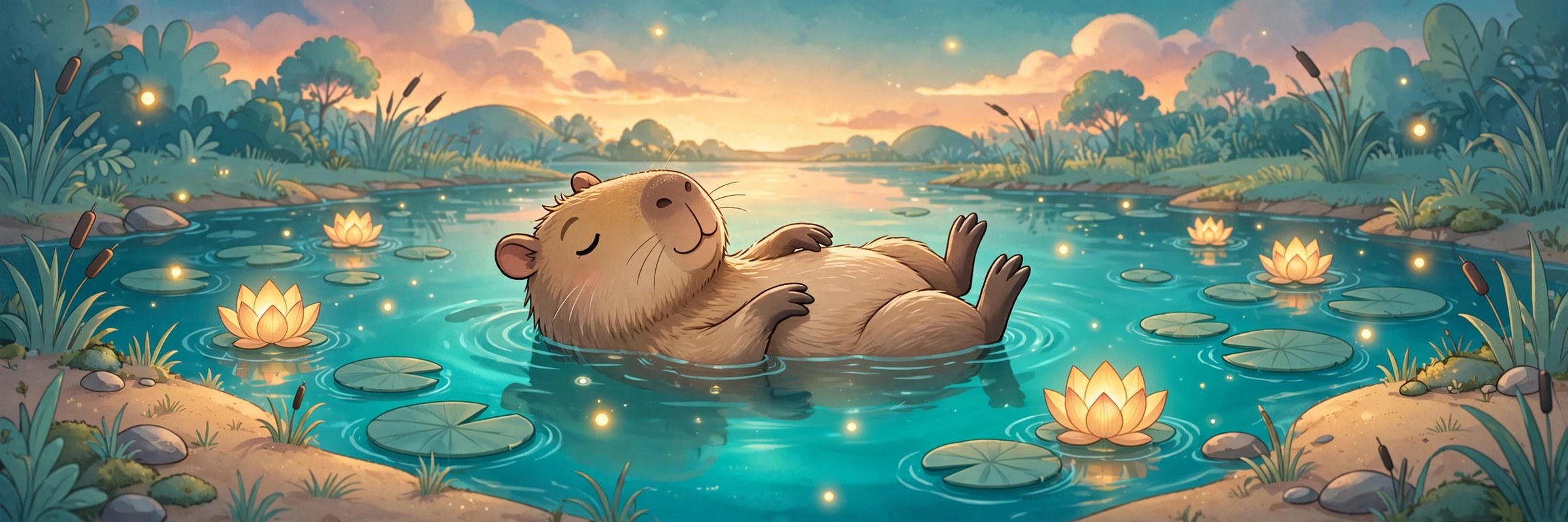 Sunset pond with lotus lanterns — AI-generated dramatization art