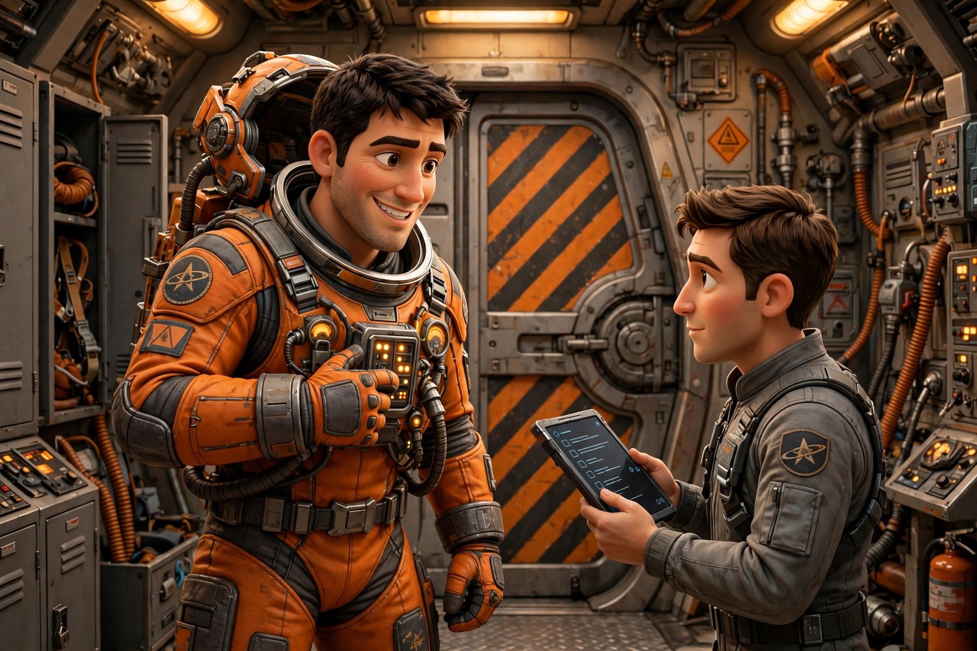 AI-generated illustration of Cass Arden running suit checks inside a starship airlock