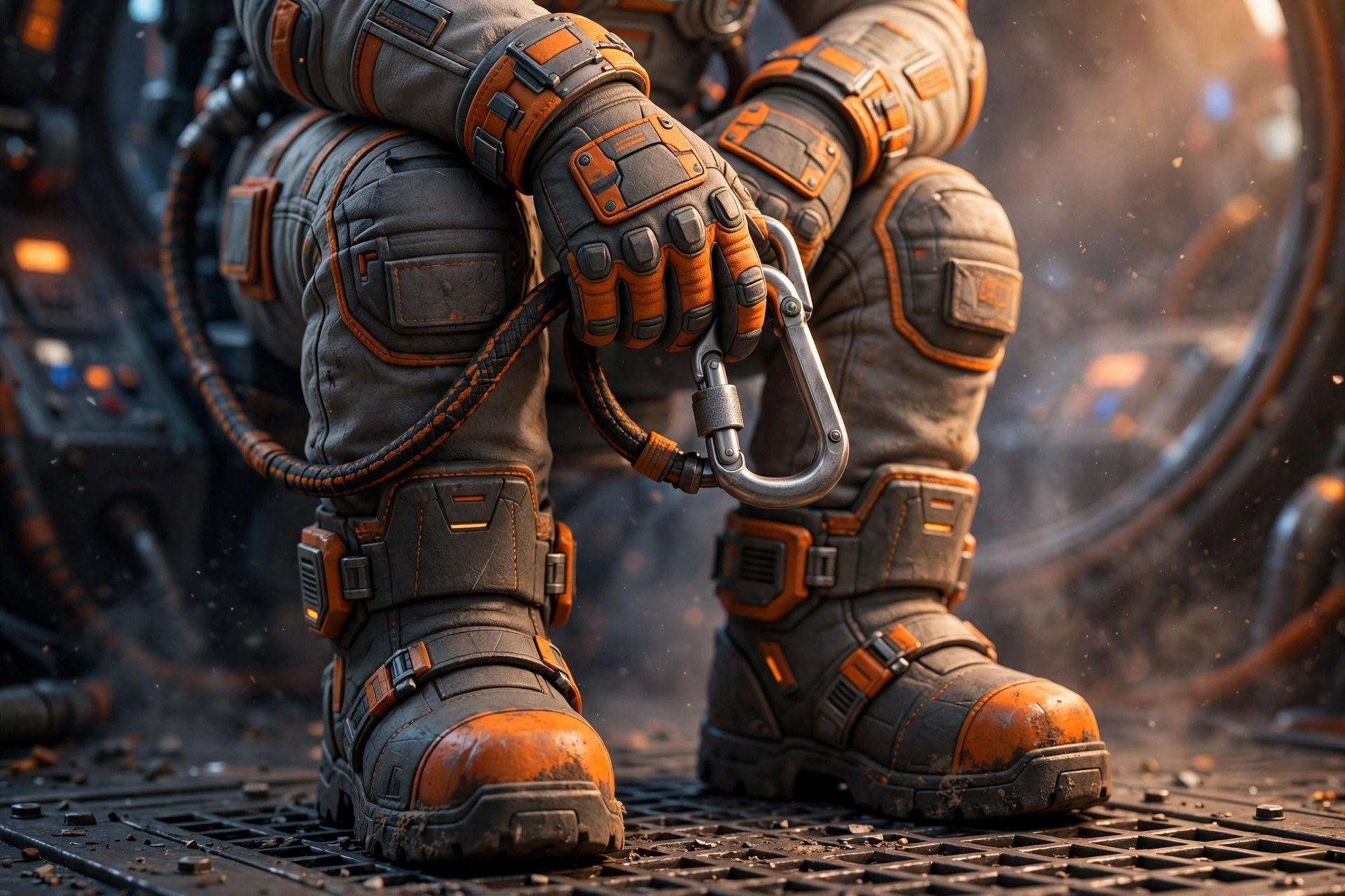 AI-generated close-up of EVA boots and gauntlets on a grated deck