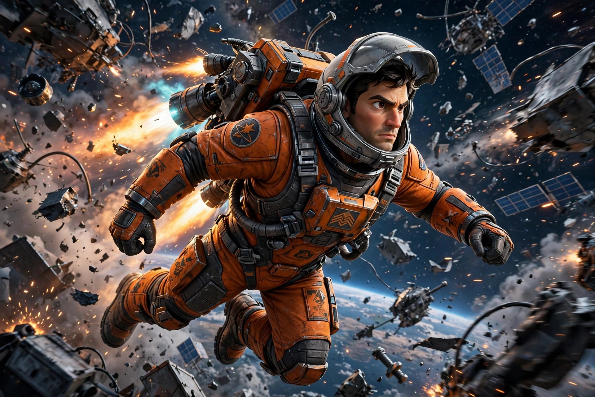 AI-generated illustration of Cass Arden flying a jetpack through a debris field