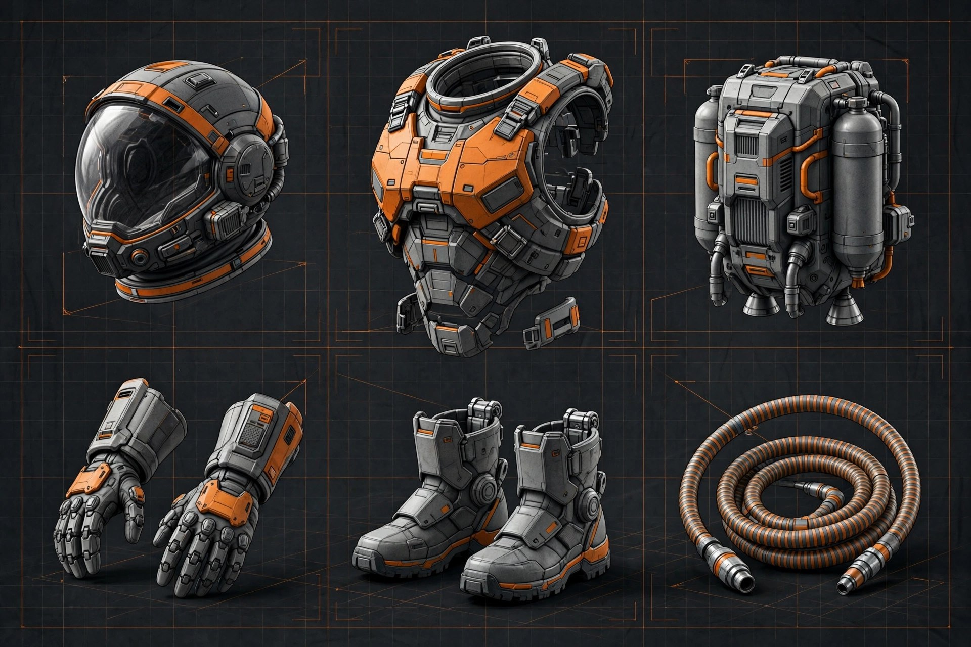 AI-generated illustration of an EVA suit laid out in an exploded equipment diagram