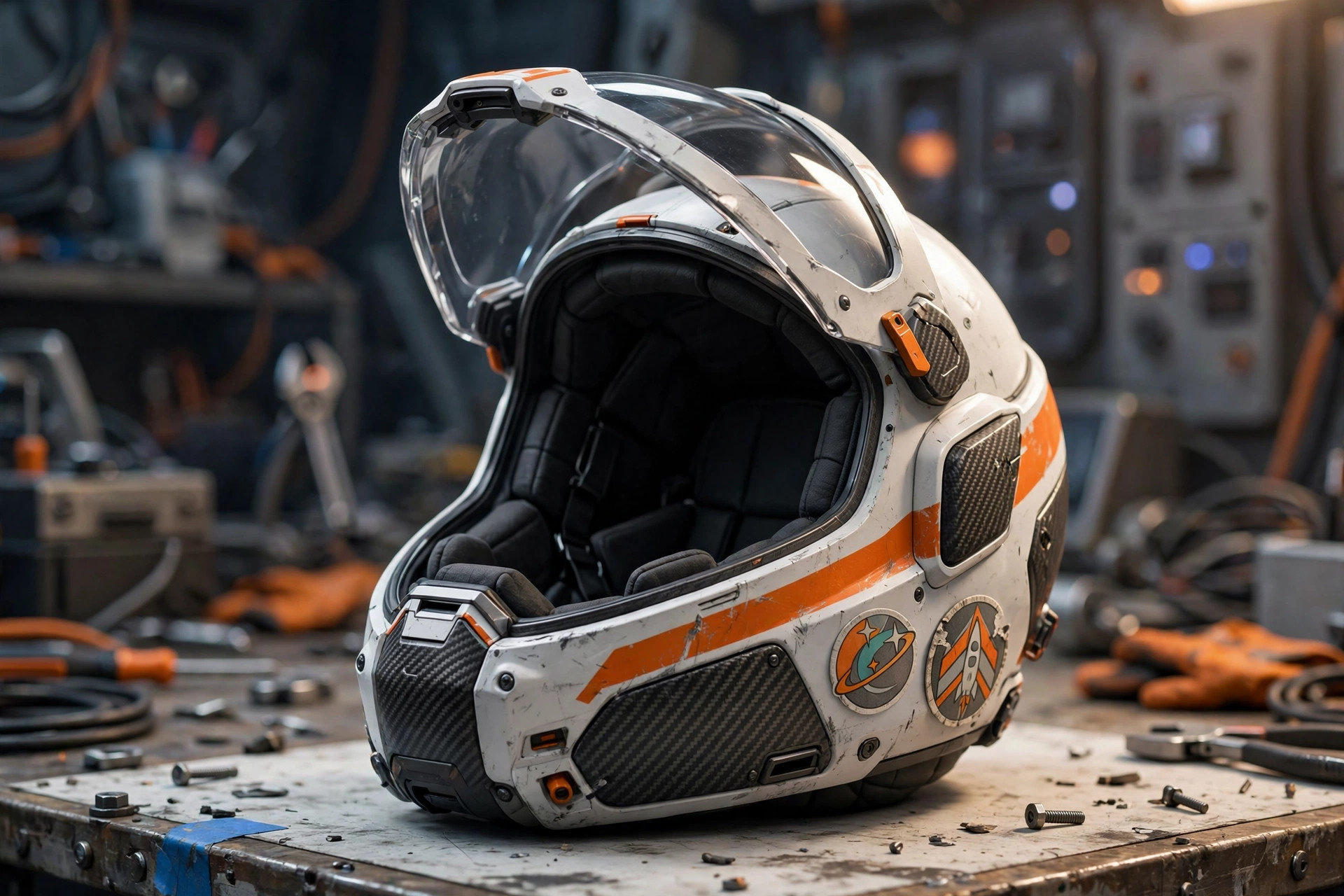 AI-generated illustration of Cass Arden's EVA helmet on a workbench, visor up