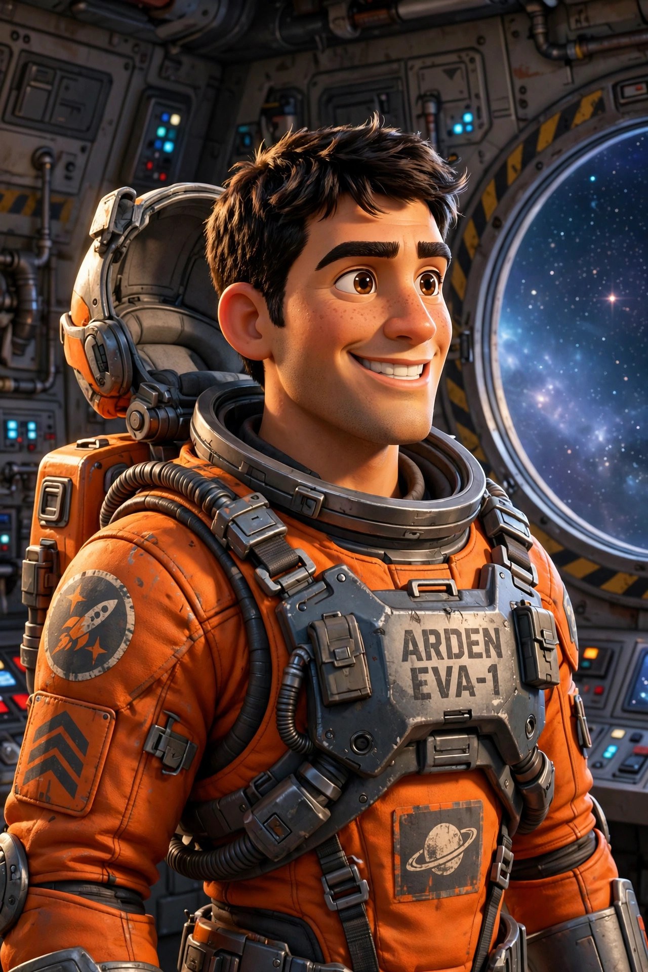 AI-generated portrait of Cass Arden, a male space hero with short dark-brown hair in a bulky orange-and-graphite EVA spacesuit with mission patches, helmet visor up