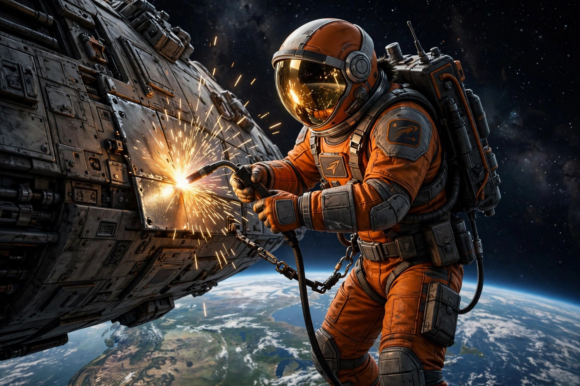 AI-generated illustration of Cass Arden welding a hull plate on a starship exterior