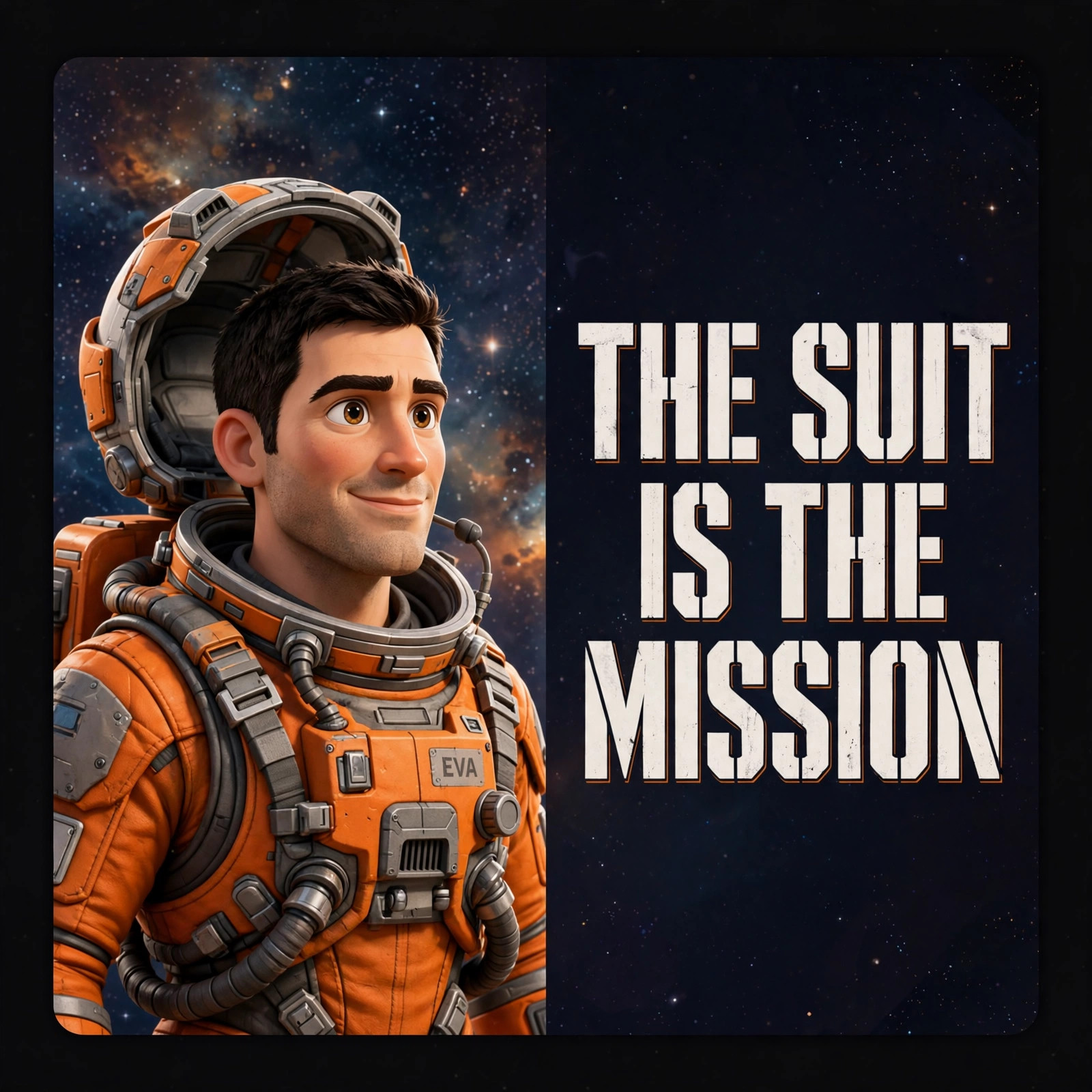 AI-generated character art card of Cass Arden with the line 'THE SUIT IS THE MISSION'