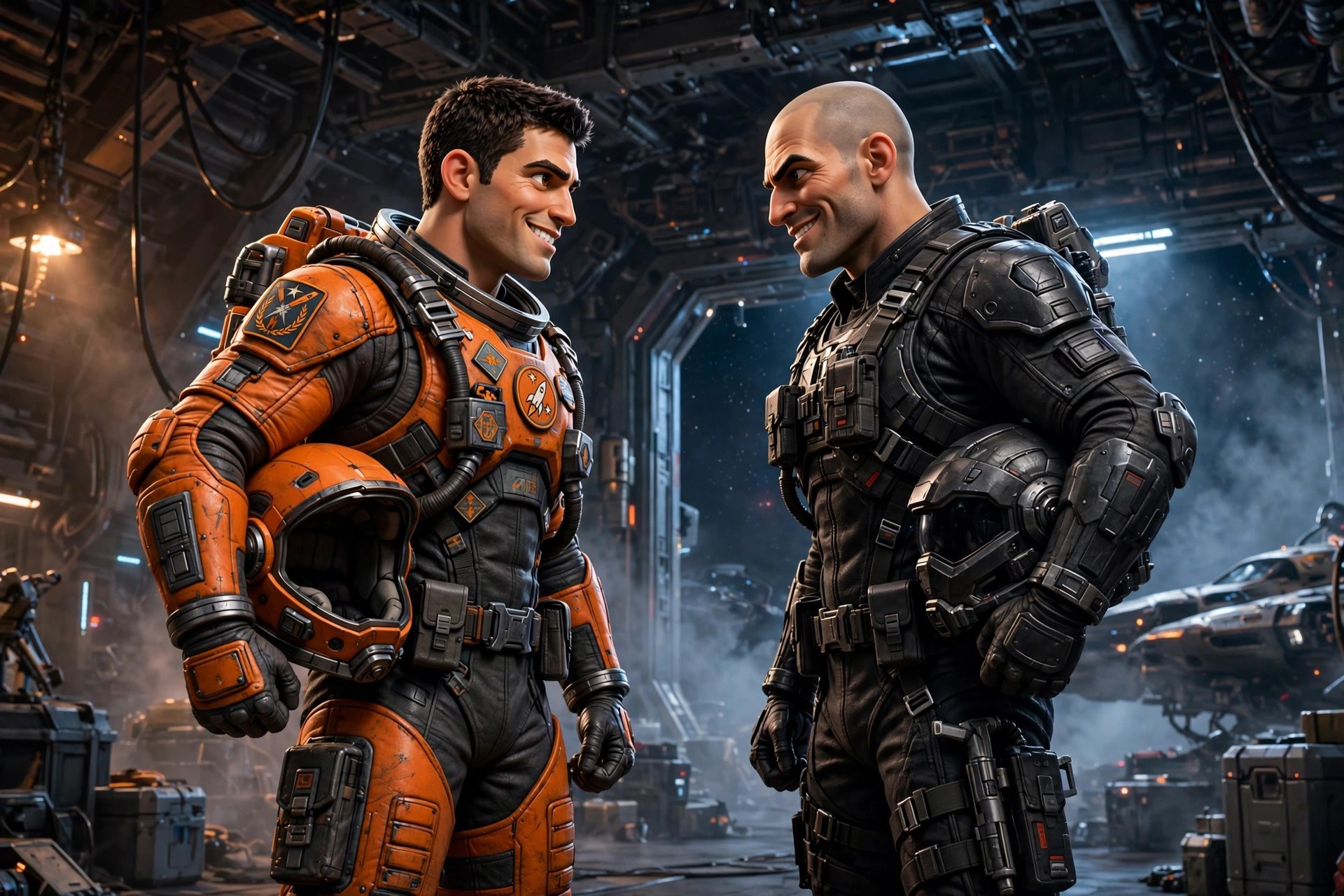 AI-generated illustration of Cass Arden facing off with boarding specialist Dax Harlow in a hangar