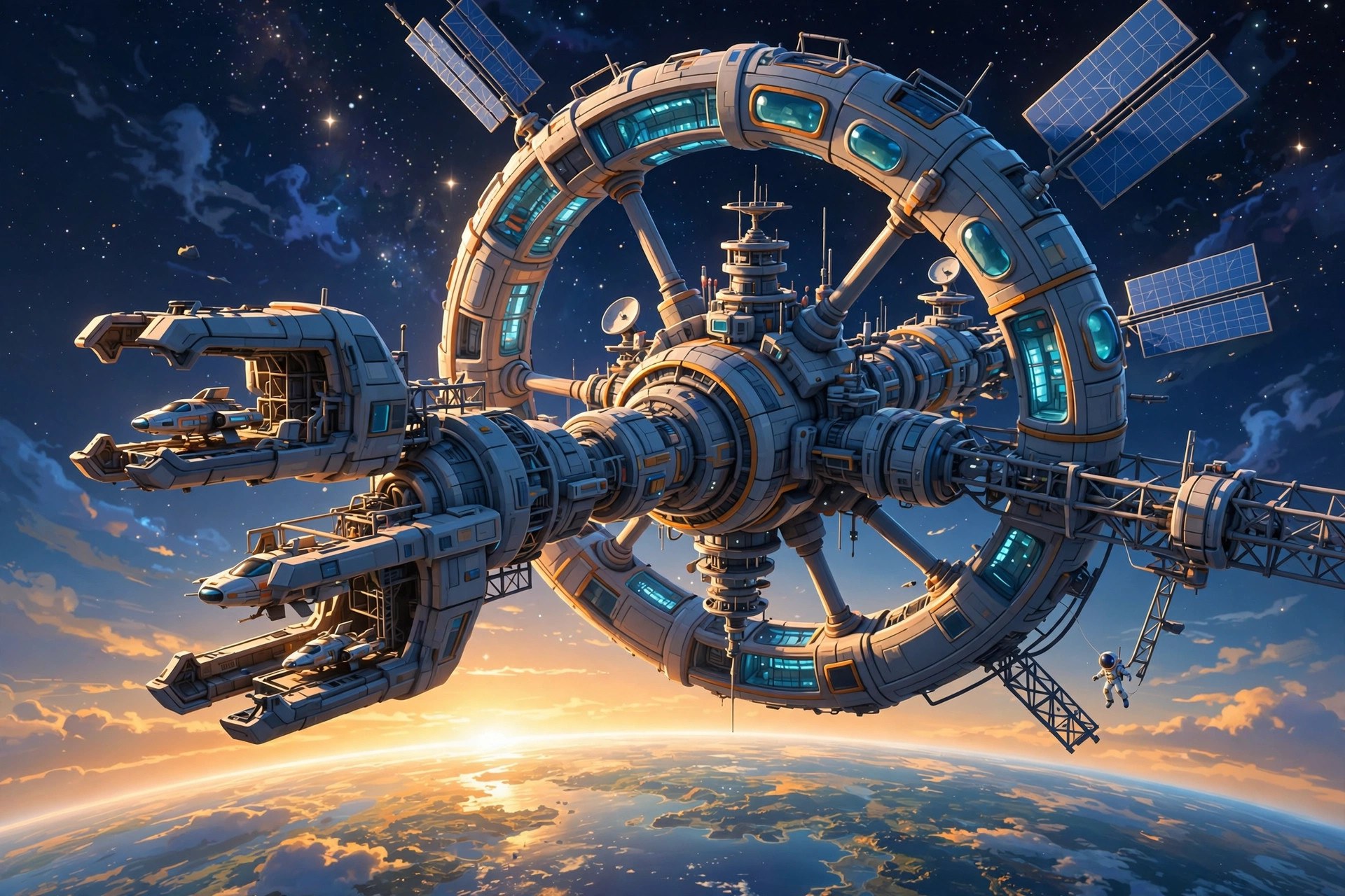 AI-generated illustration of the Starhold Vigil station at orbital dawn