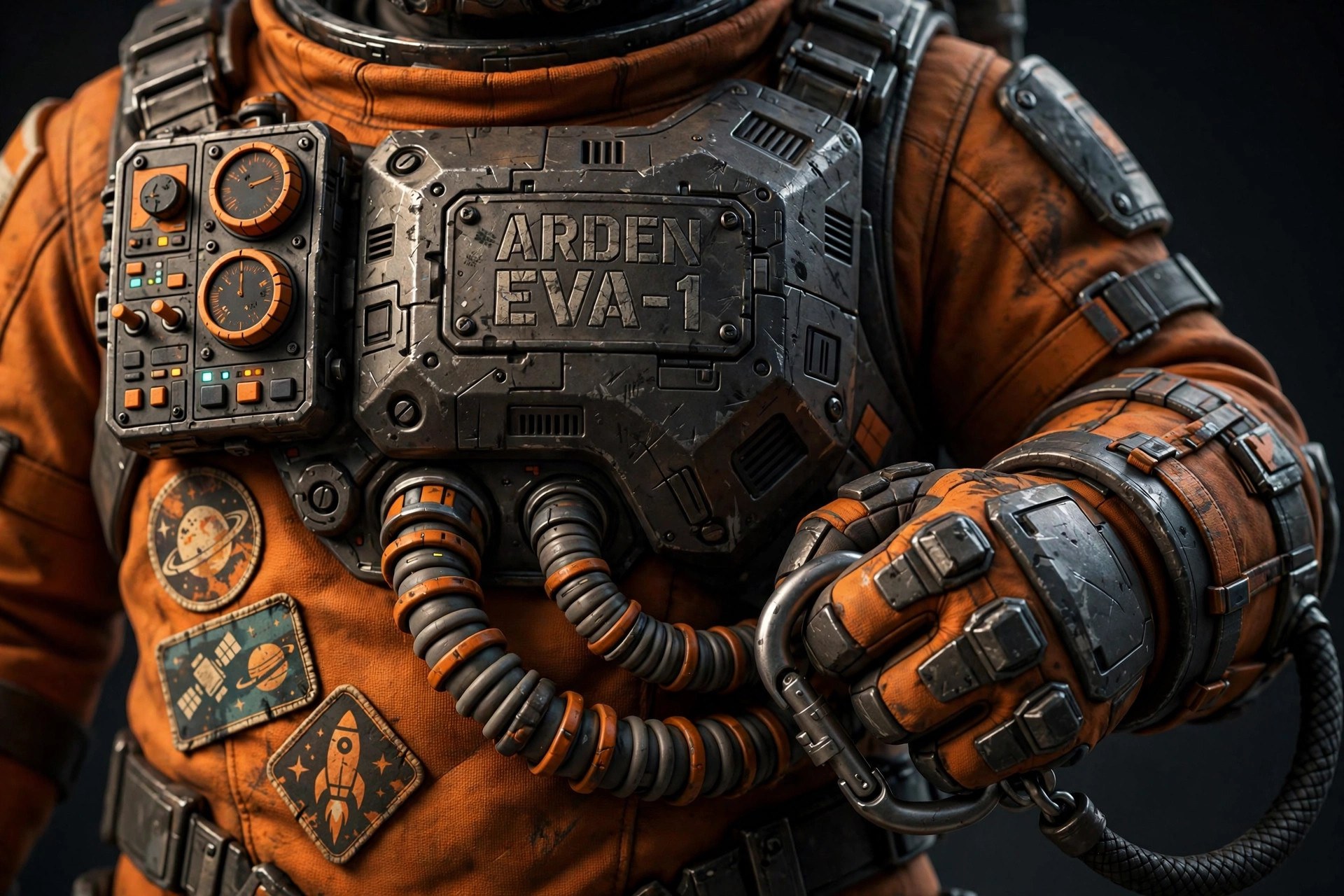 AI-generated close-up of Cass Arden's EVA suit chest panel, mission patches and gauntlets