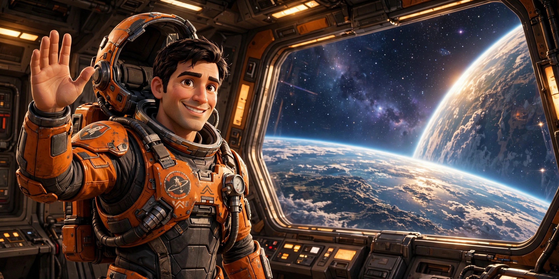 AI-generated banner illustration of Cass Arden waving in front of a starship viewport