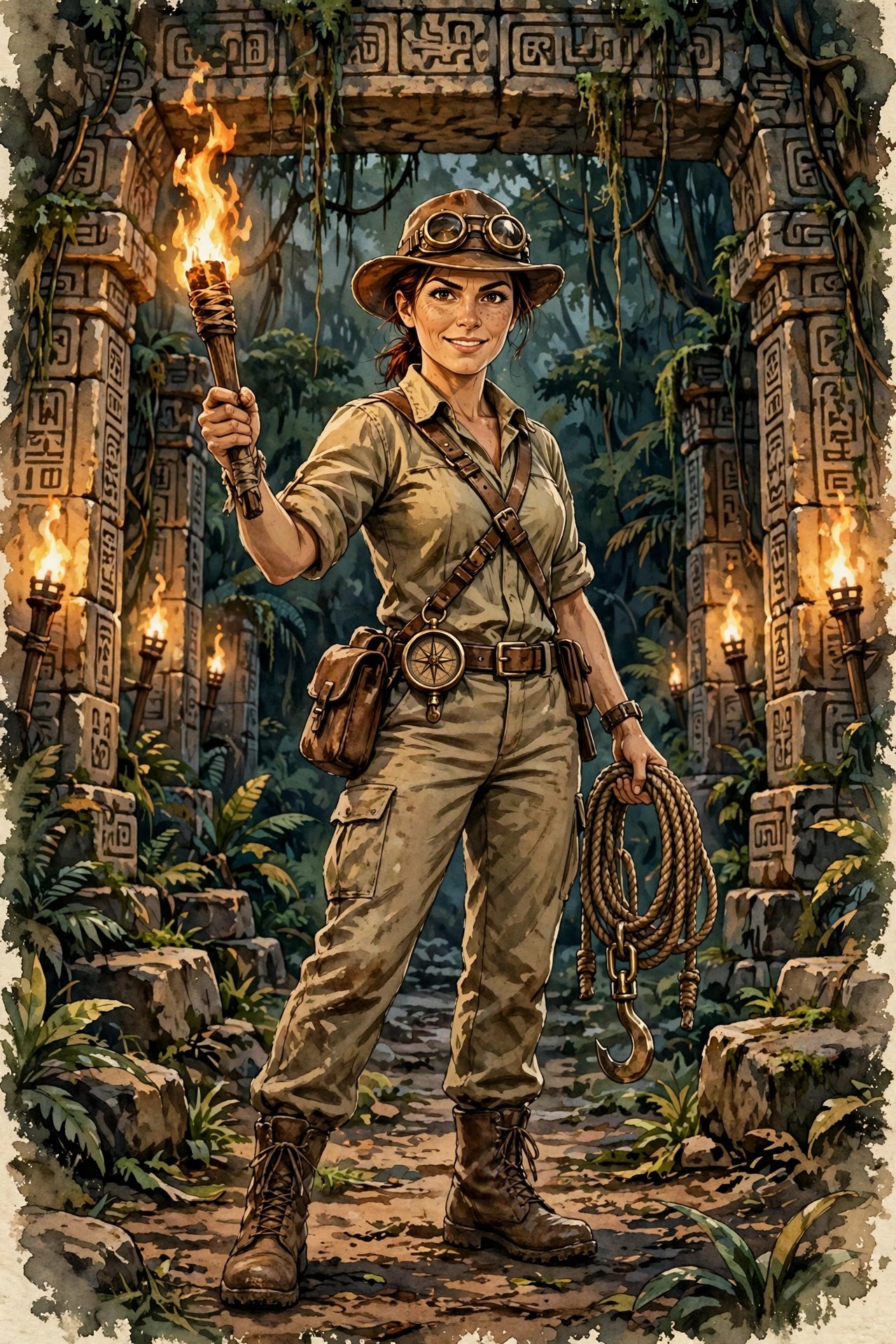 AI-generated full-body illustration of Cassia Gold in expedition gear