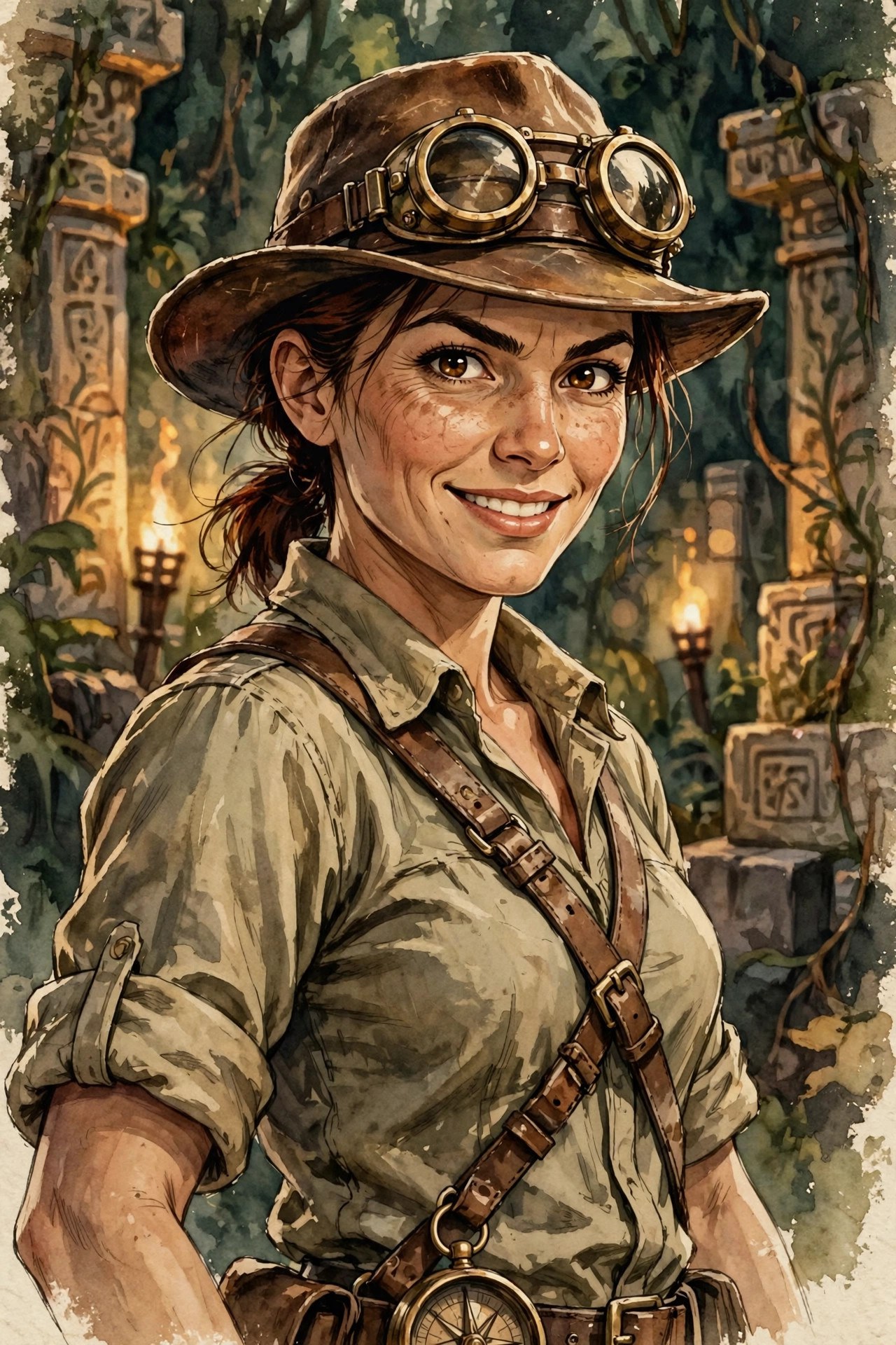 AI-generated portrait of Cassia Gold, a fictional relic-hunter woman with a leather explorer hat and brass goggles, torchlit ruins behind her