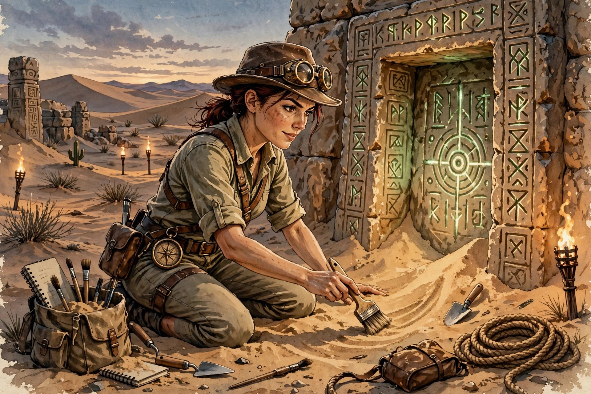 AI-generated scene of Cassia Gold at a desert dig site