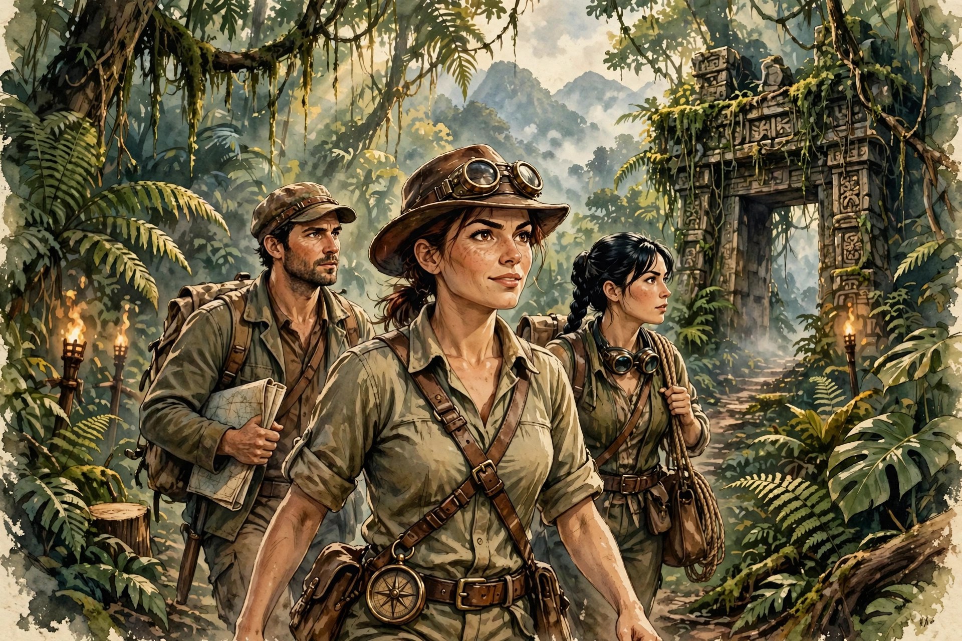 AI-generated scene of Cassia Gold leading her crew on an expedition trail toward distant mountains