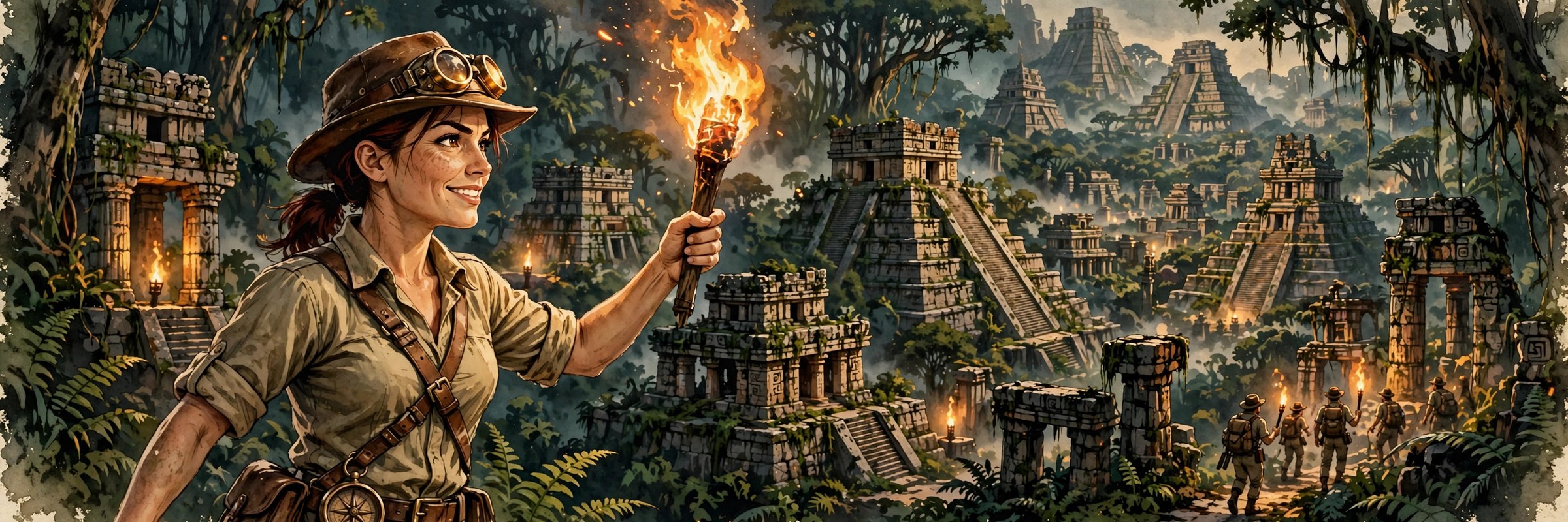 AI-generated wide banner of Cassia Gold with expedition gear, torchlit ruins behind