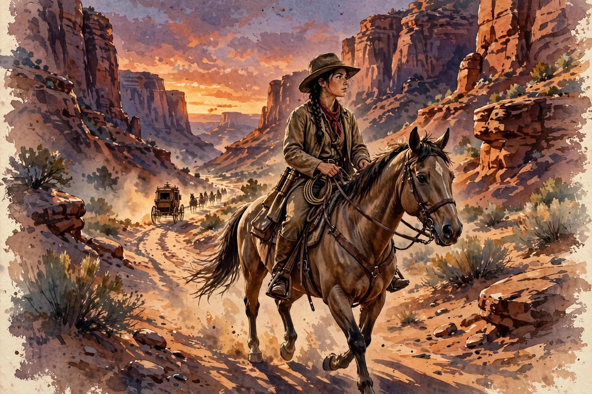 AI-generated scene of Cassidy Brooks riding through a red-rock canyon